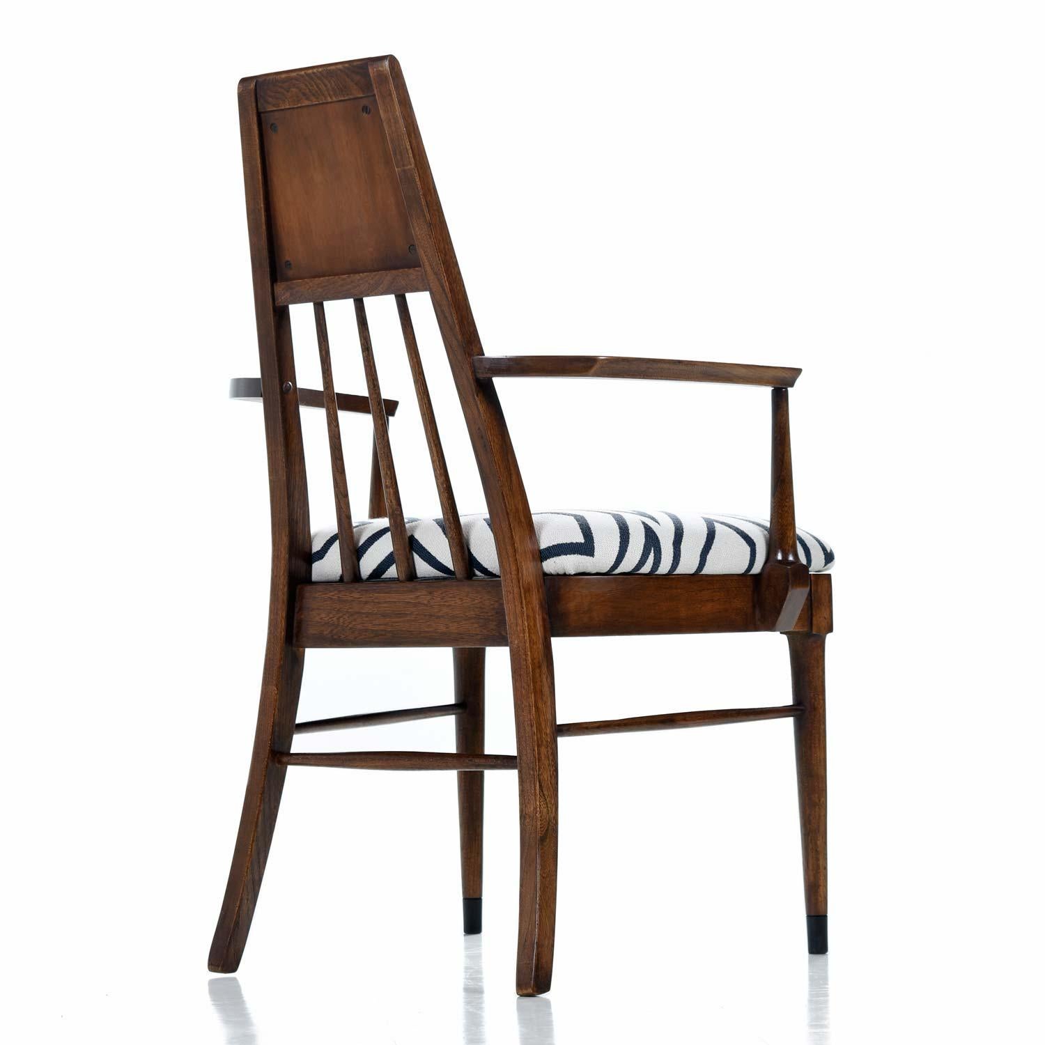 Solid Walnut Mid-Century Modern Chairs in Navy and Ivory Fabric In Excellent Condition In Chattanooga, TN