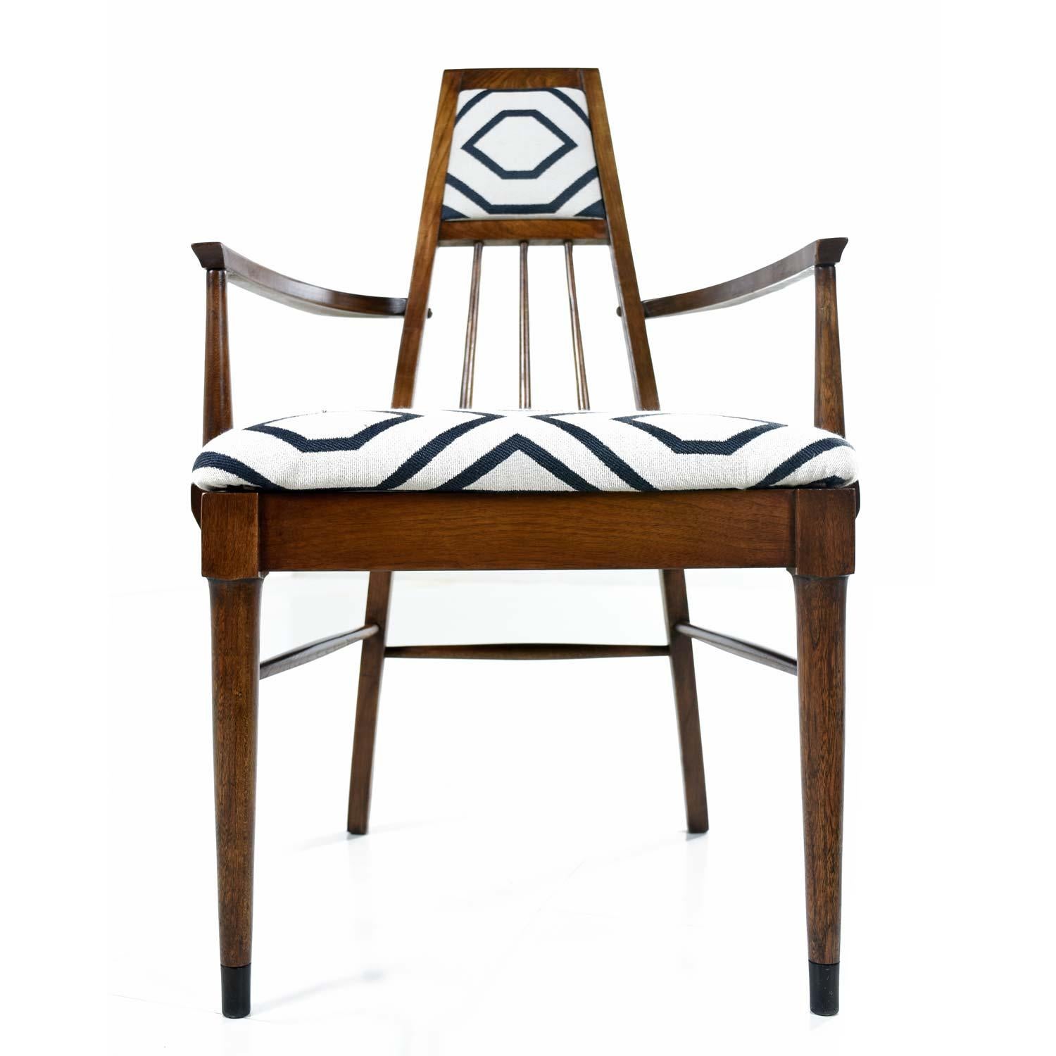 Solid Walnut Mid-Century Modern Chairs in Navy and Ivory Fabric 1