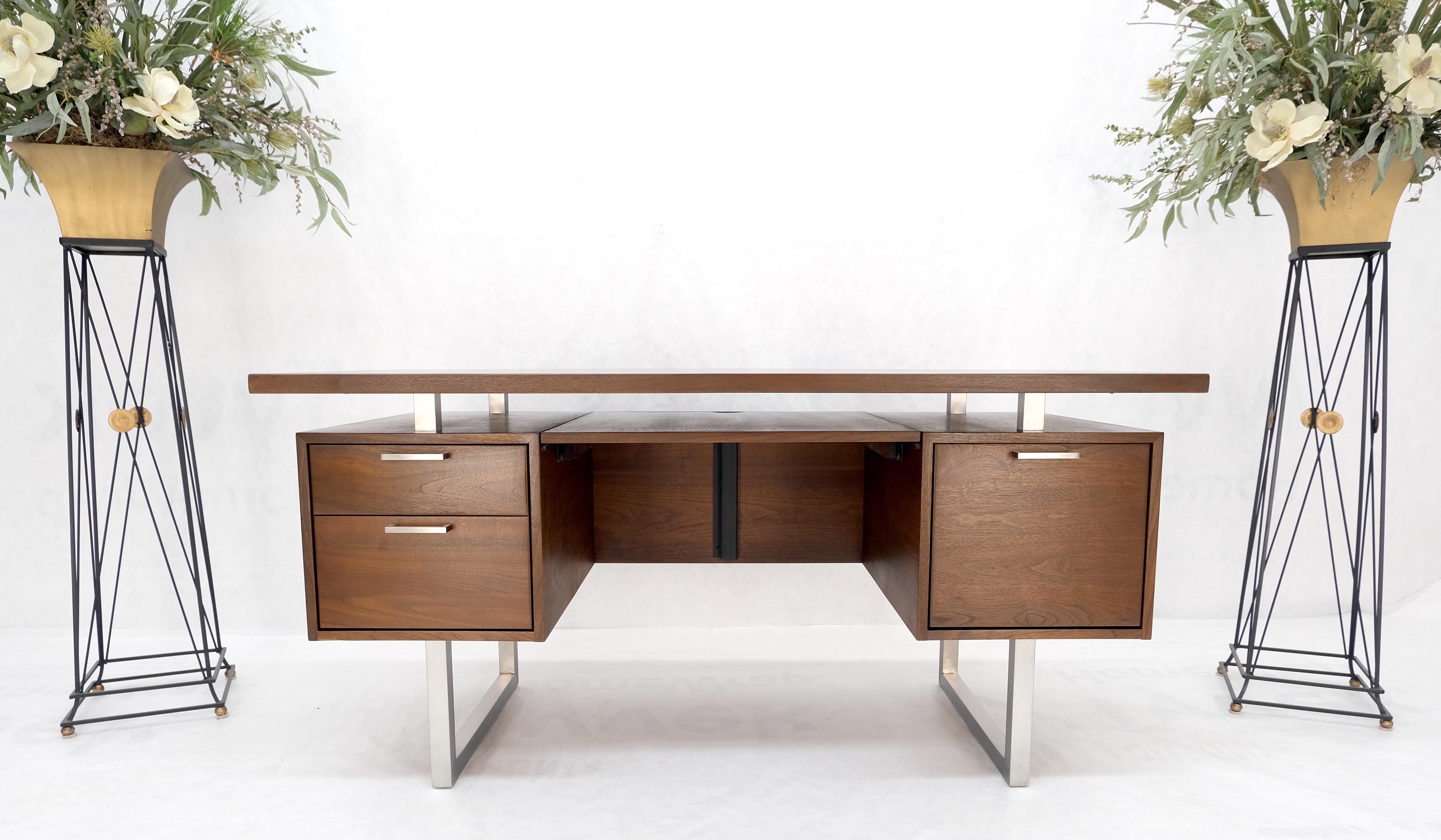 Lacquered Solid Walnut Mid-Century Modern Floating Top All Restored Desk Table Mint! For Sale