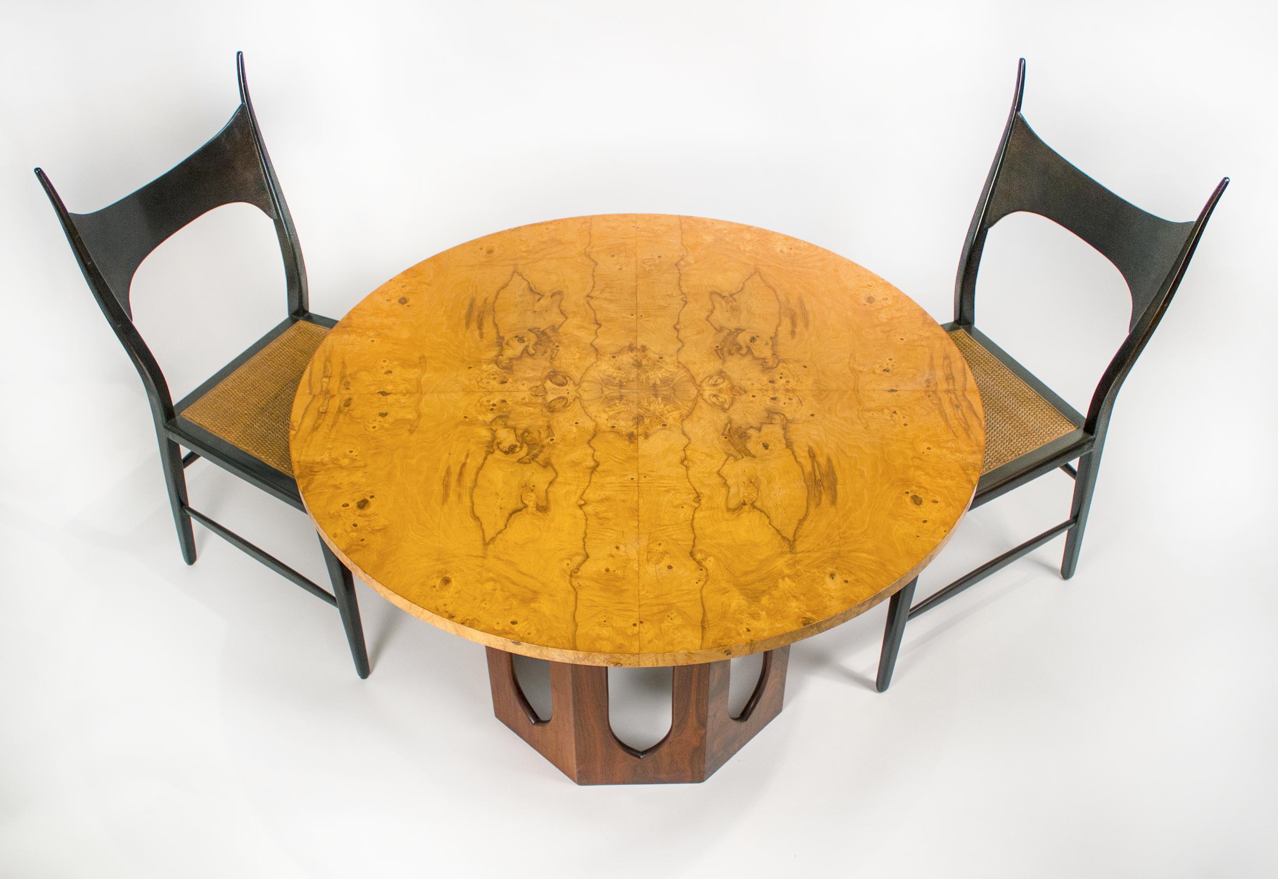 Edward Wormley Game Table for Dunbar, Solid Walnut & Olive Burlwood

Gorgeous Dunbar table with a four-panel bookmatched olive burl wood top and a solid walnut base. Signed with the 'Big D' metal Dunbar manufacturer's label. All original condition,