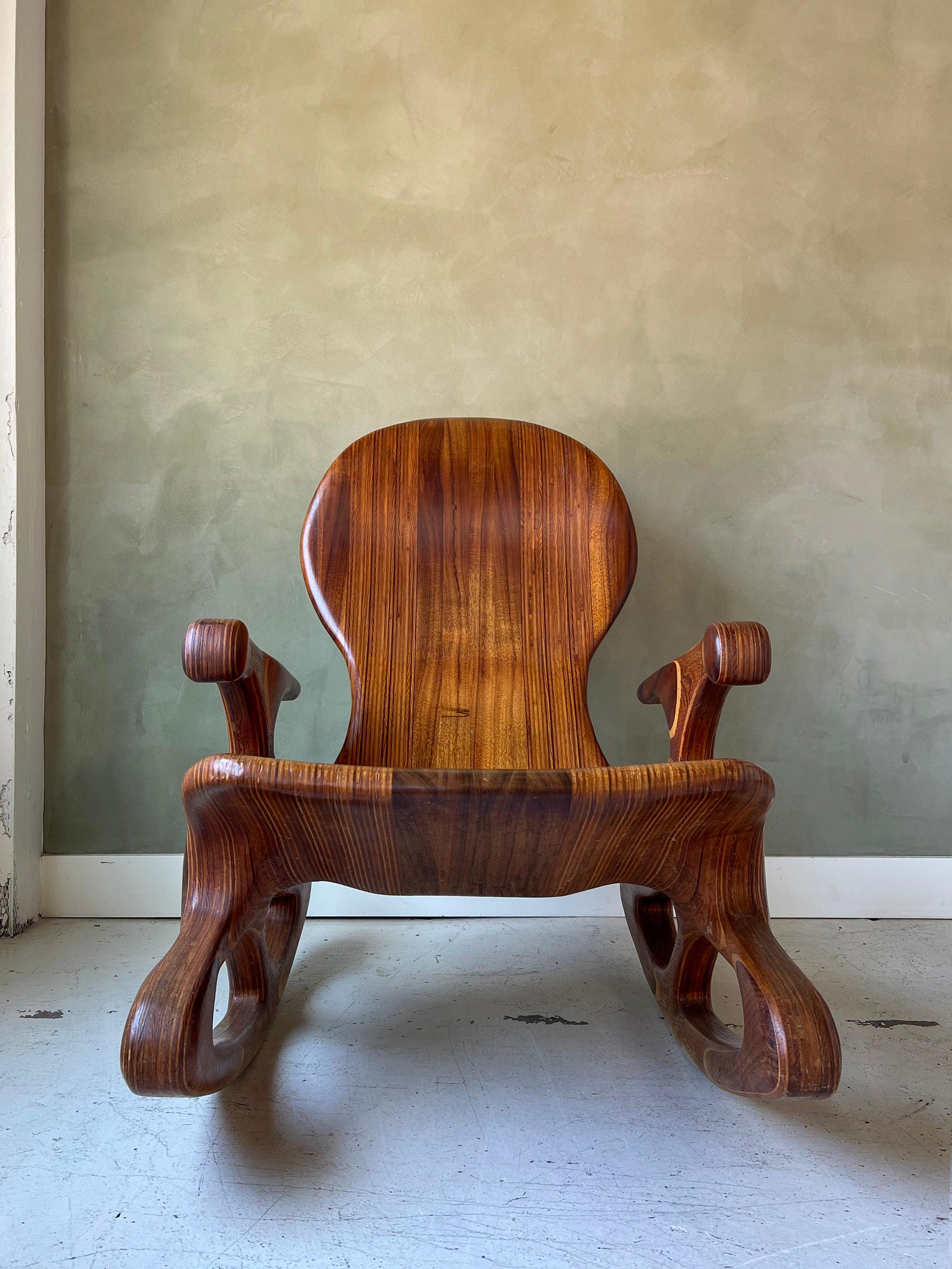 Carved Vintage Solid Walnut Sculpted Modernist Rocking Chair