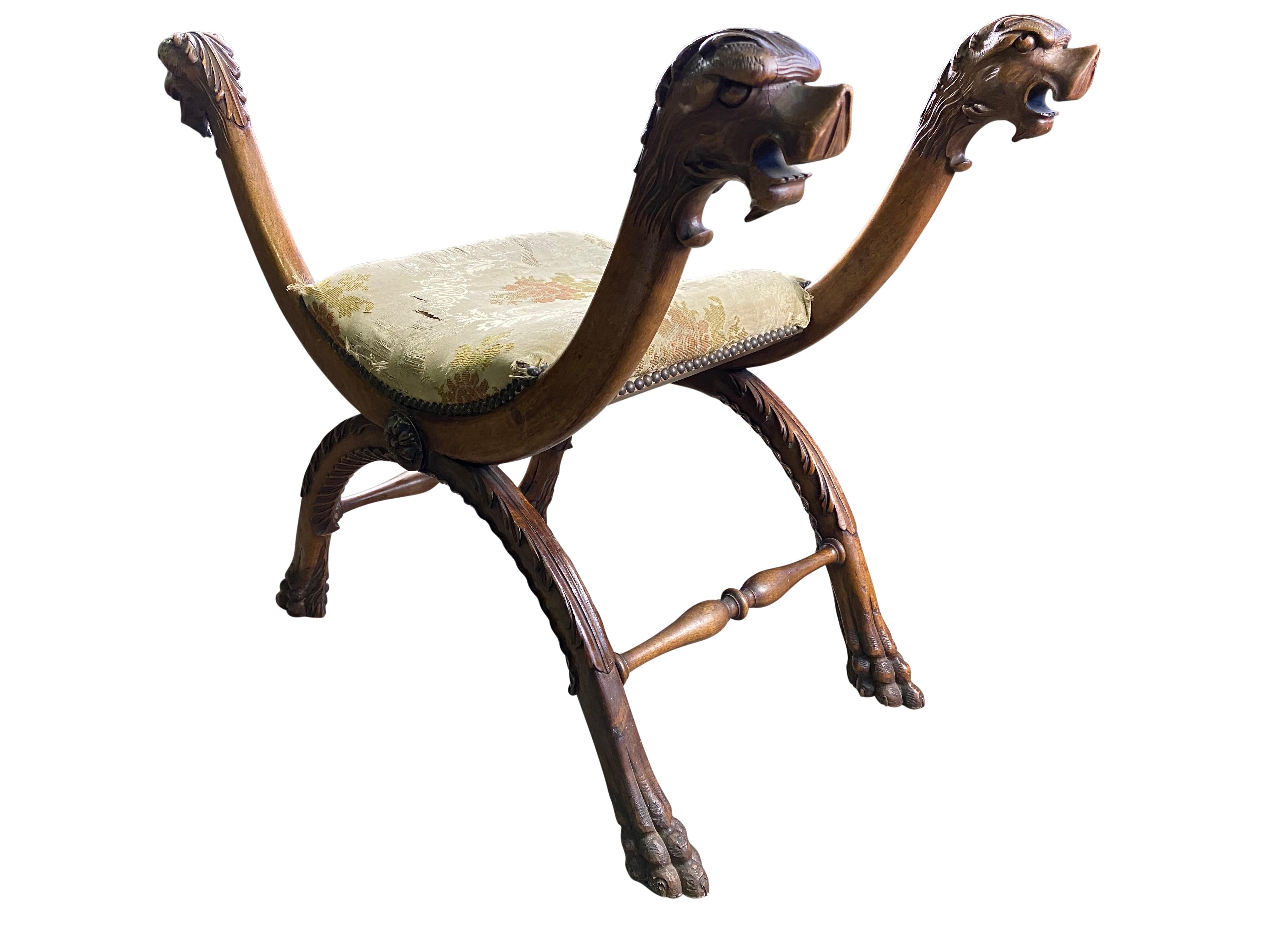 Solid Walnut Stool with Creature Heads, 18th Century For Sale 5
