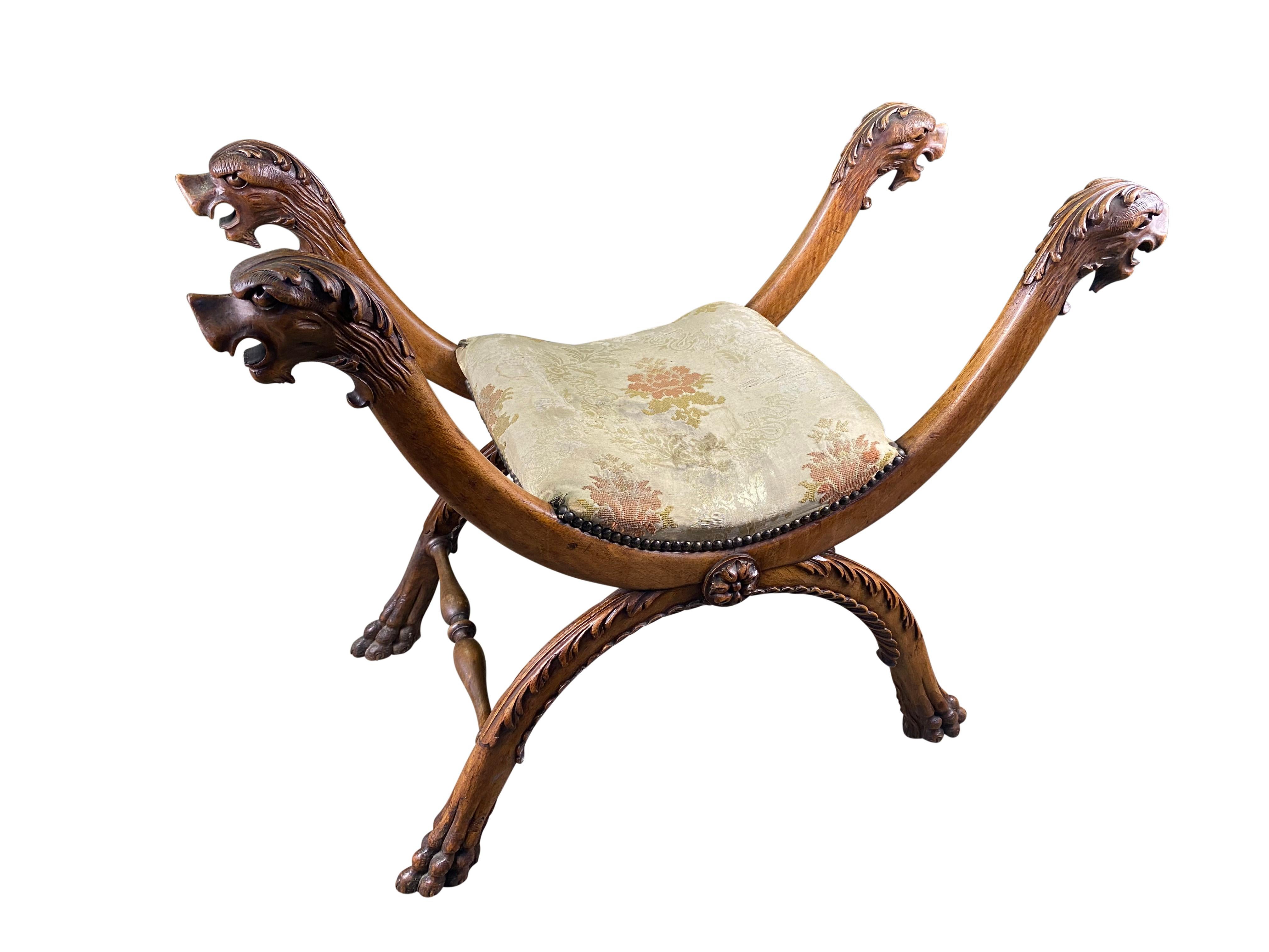 18th Century and Earlier Solid Walnut Stool with Creature Heads, 18th Century For Sale