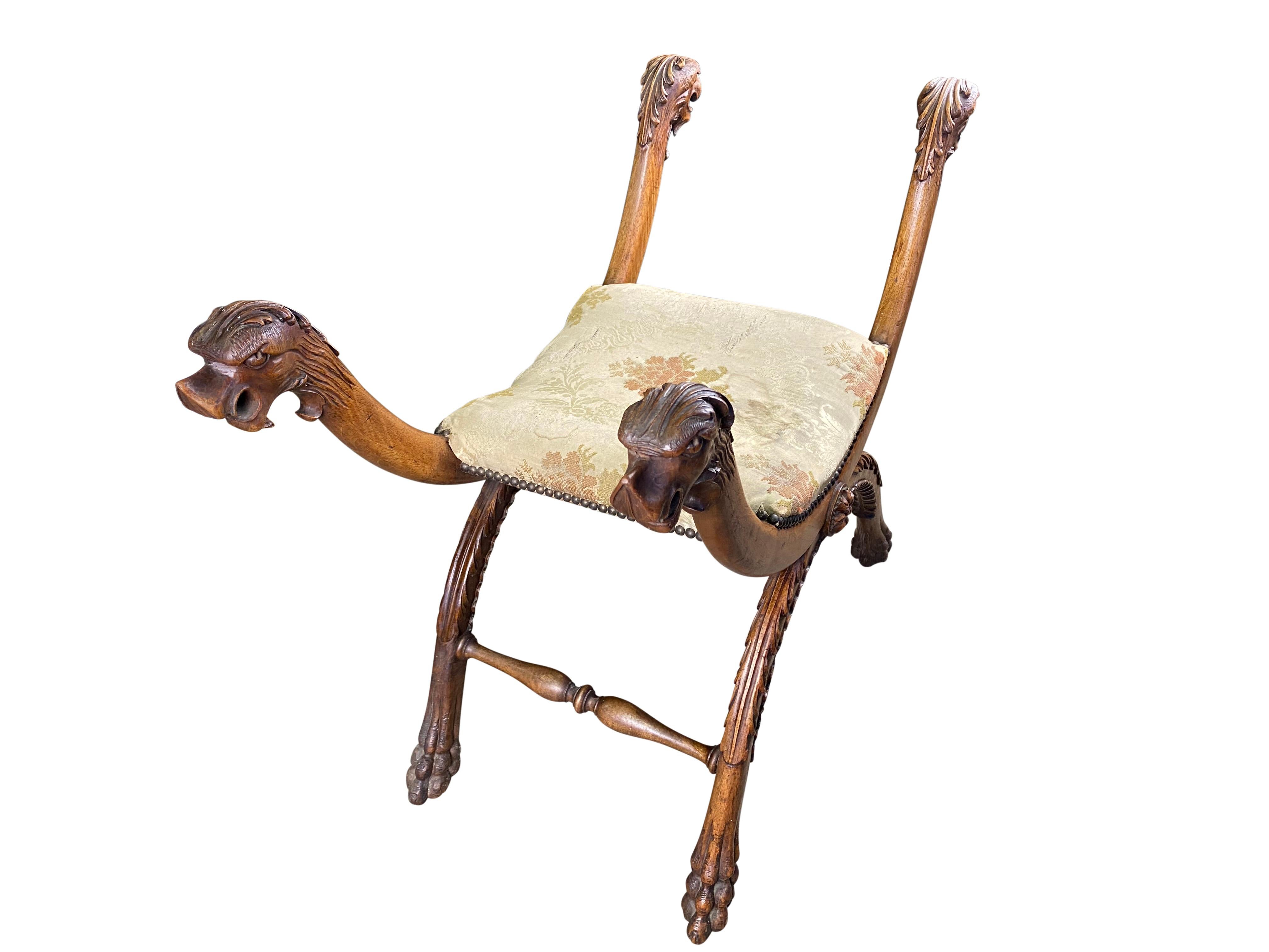 Wood Solid Walnut Stool with Creature Heads, 18th Century For Sale