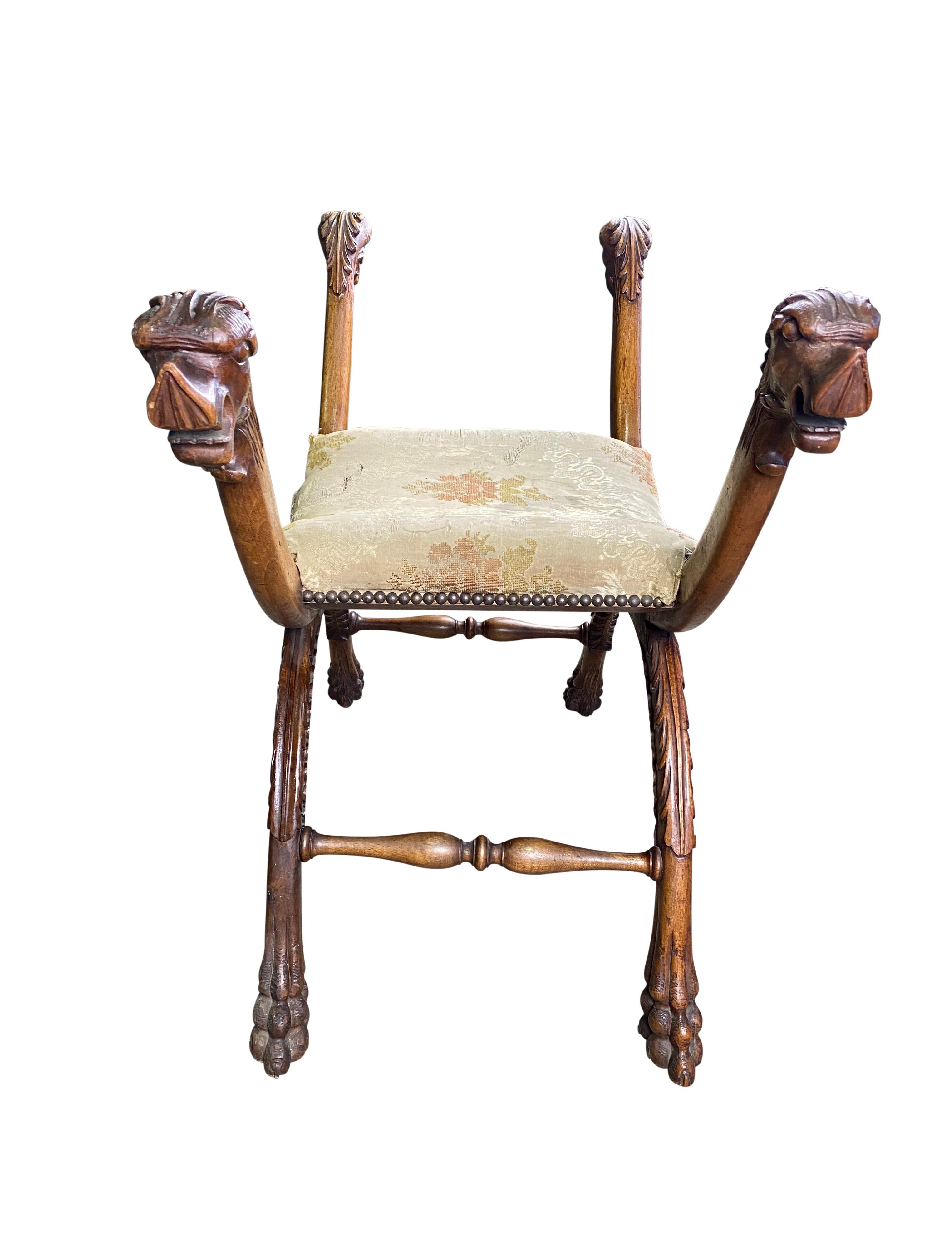 Solid Walnut Stool with Creature Heads, 18th Century For Sale 1