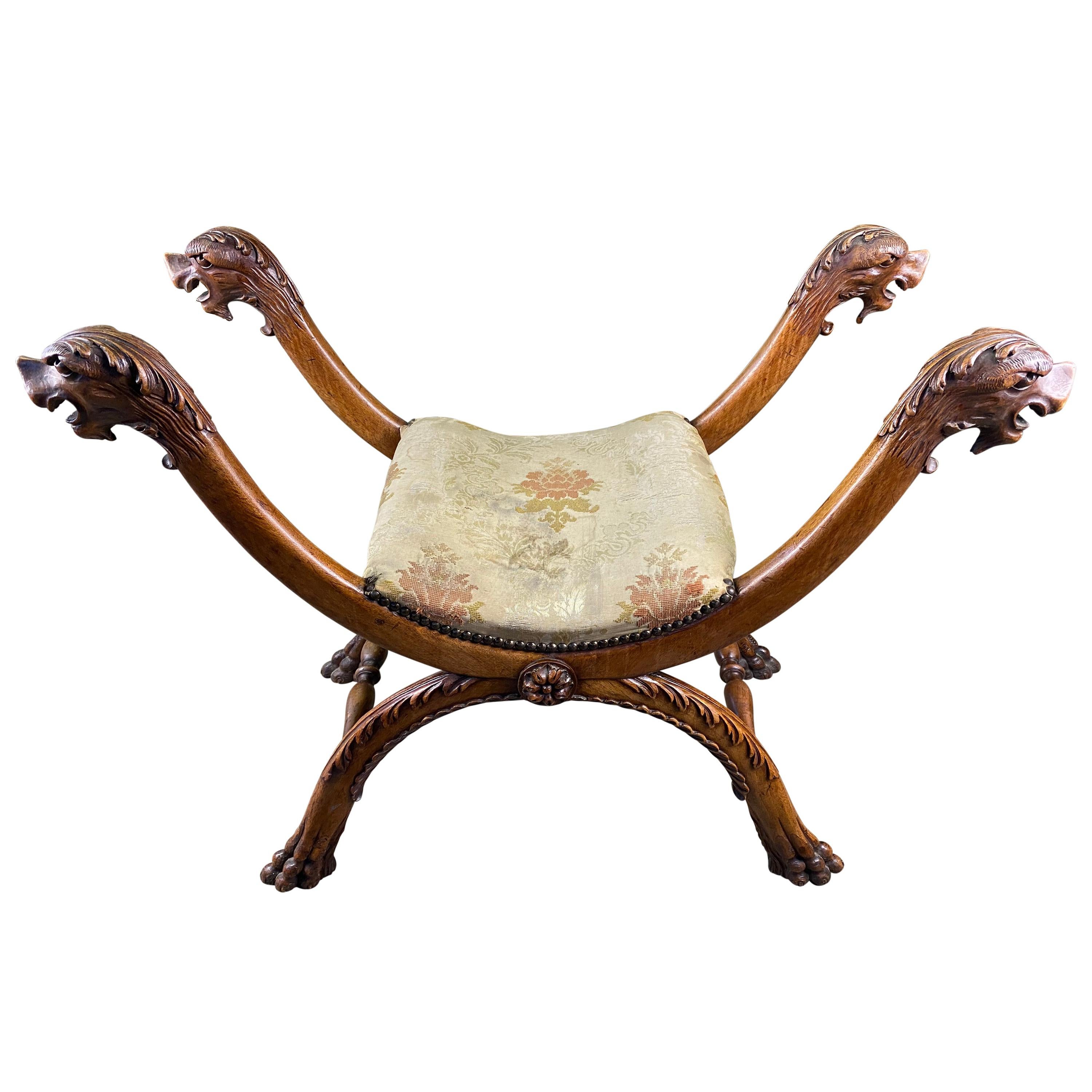 Solid Walnut Stool with Creature Heads, 18th Century For Sale