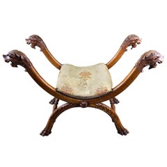 Antique Solid Walnut Stool with Creature Heads, 18th Century