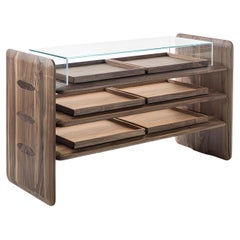 Solid Walnut Storage Console with Exposed Joinery, and Glass Vitrine