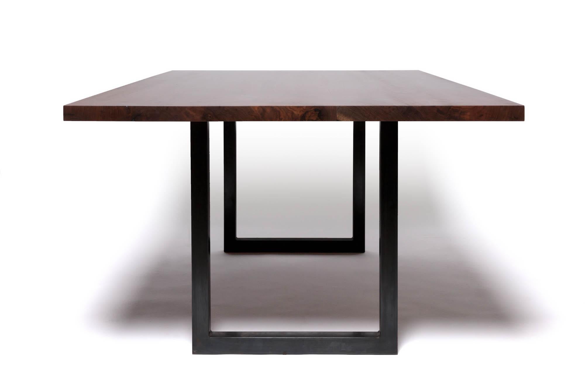 American Craftsman Solid Walnut Table on Modern Black Patina Steel Base by Alabama Sawyer For Sale