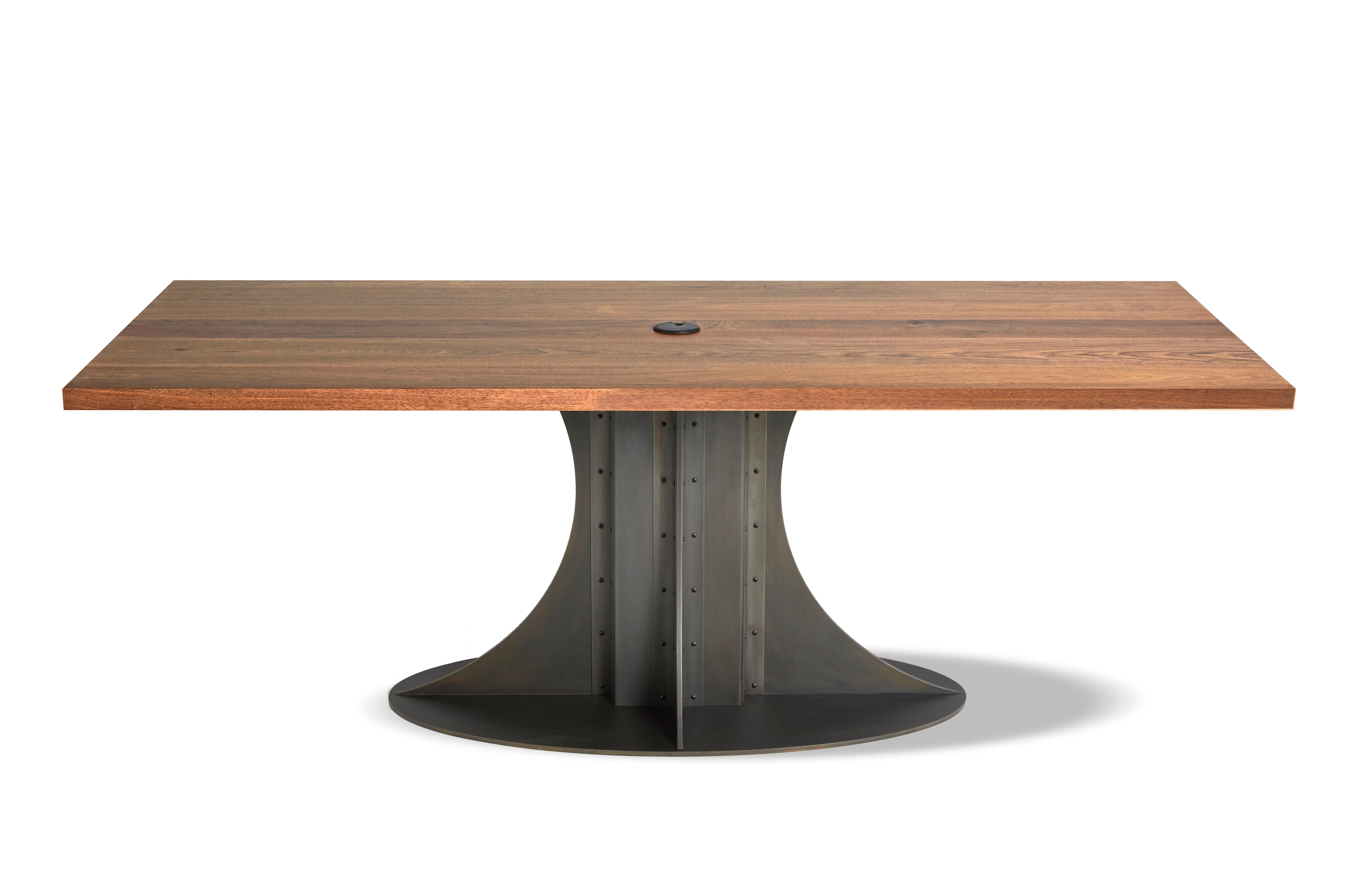Modern Solid Walnut Table with Blackened Steel Empire Pedestal by Mark Jupiter For Sale