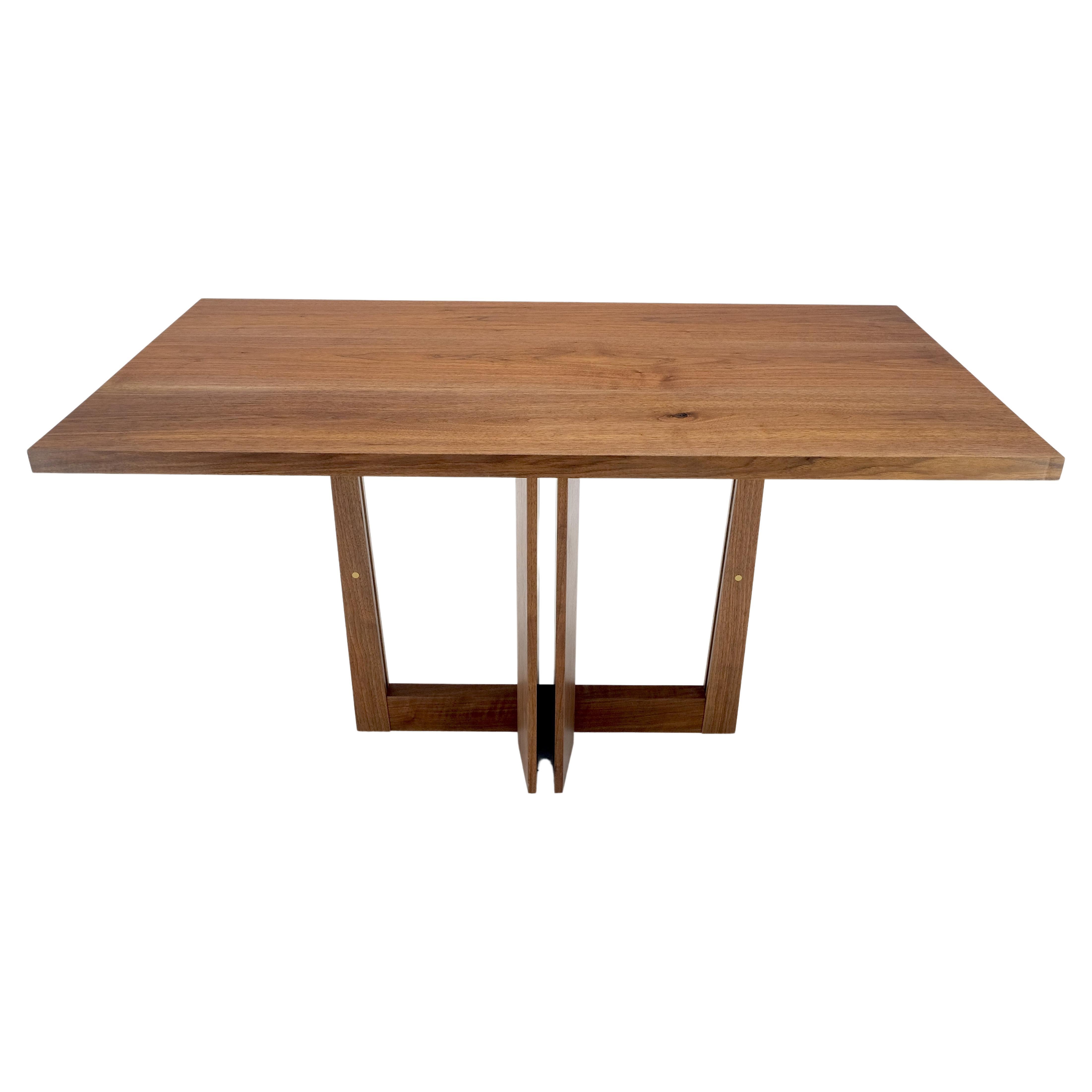 Solid Walnut Trestle Base Rectangle Mid Century Modern Dining Table Brass Inlaid For Sale