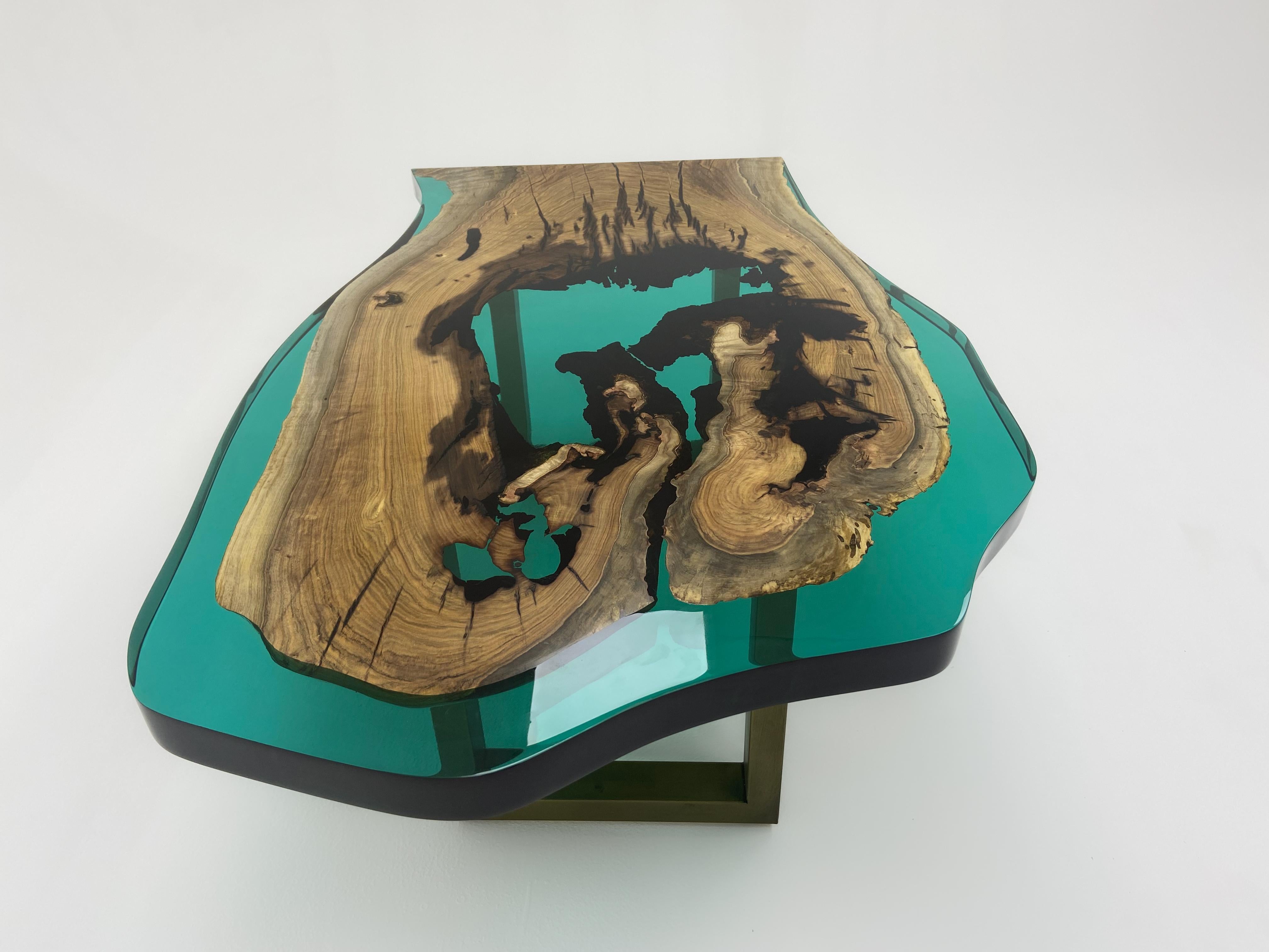 Turkish Solid Walnut Turquoise Epoxy Resin Coffee Table For Sale