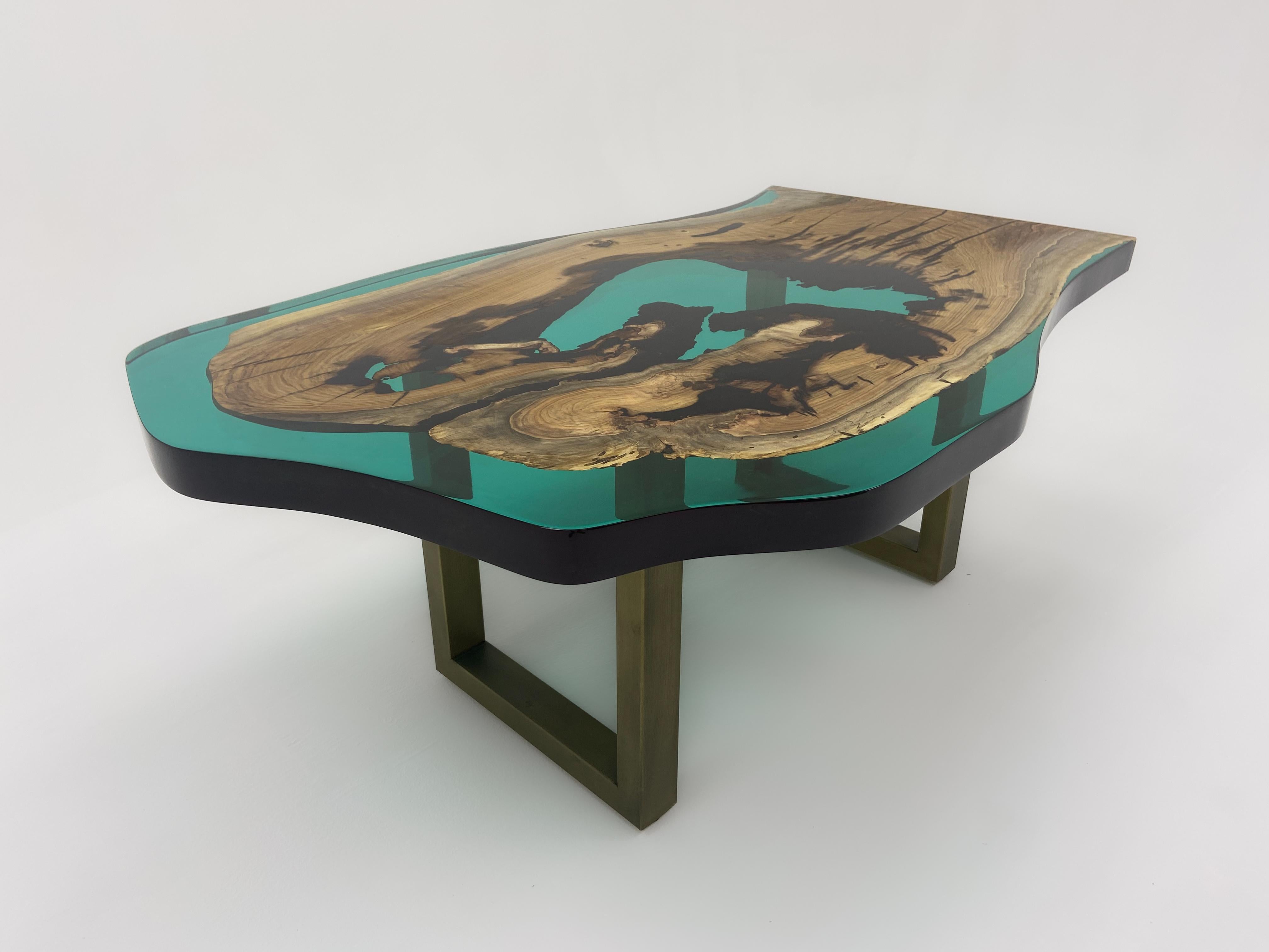 Contemporary Solid Walnut Turquoise Epoxy Resin Coffee Table For Sale