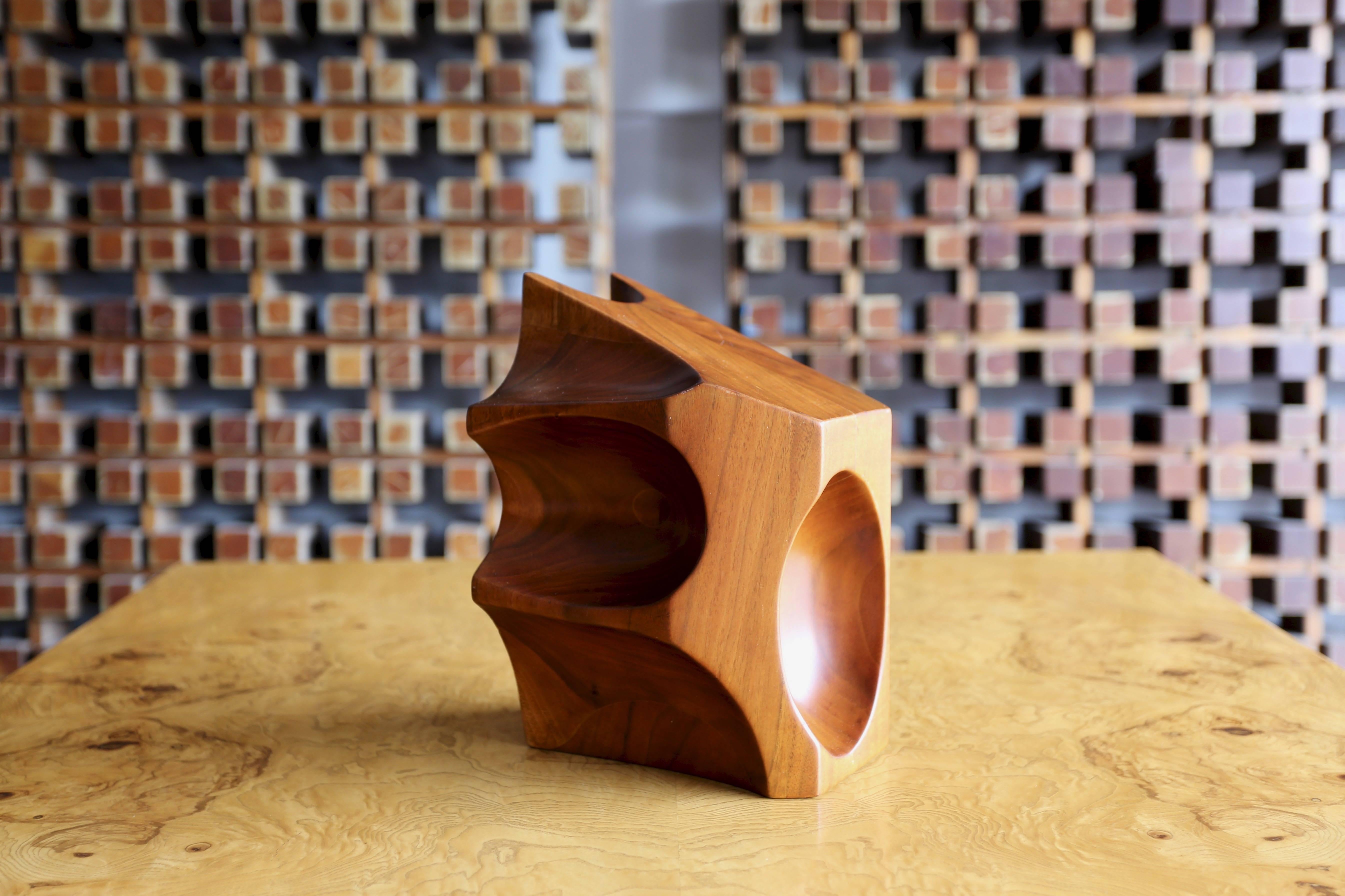 Solid walnut abstract wood table top sculpture.
