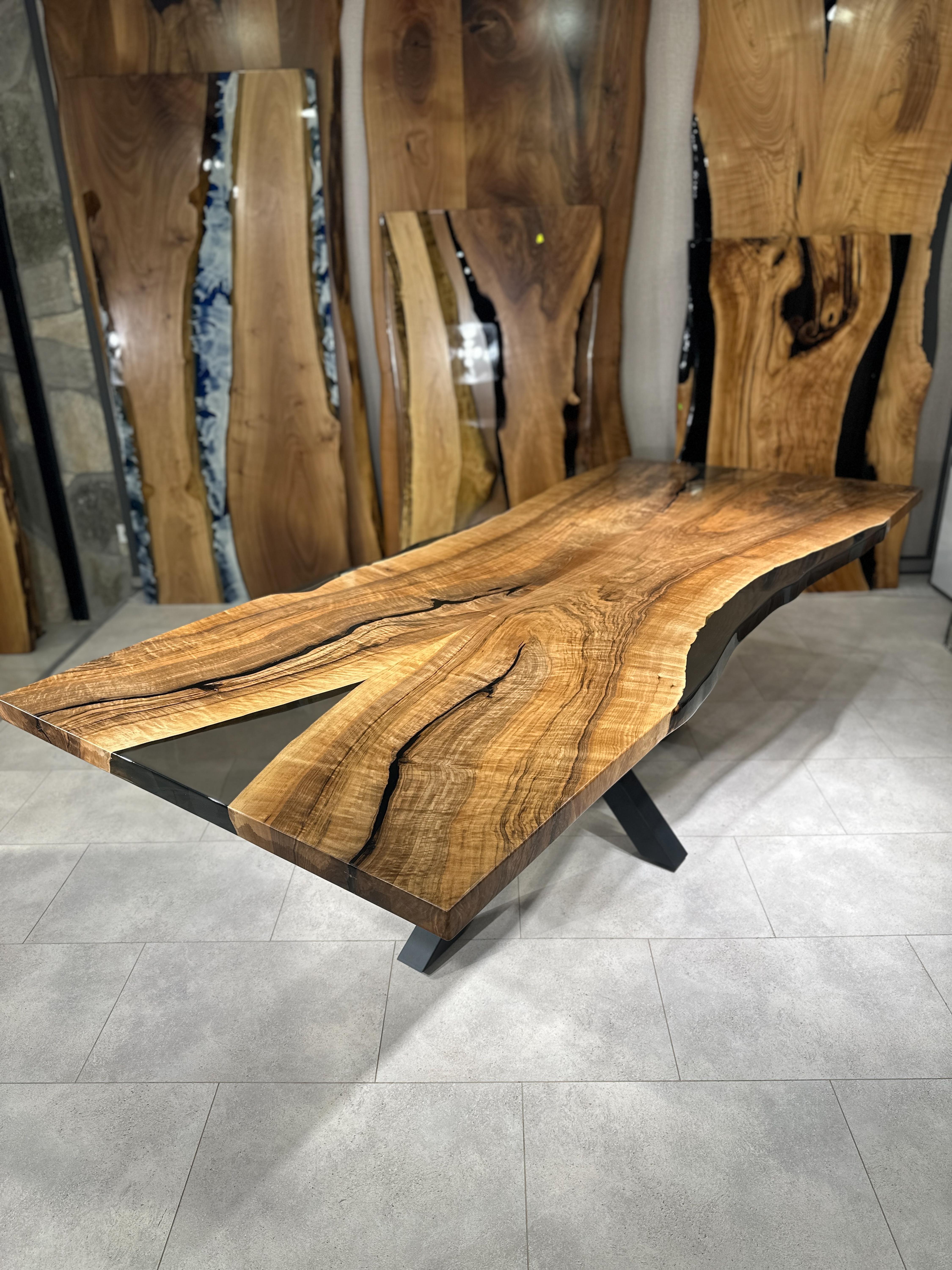 Arts and Crafts Solid Walnut Wood Resin River Dining Table For Sale