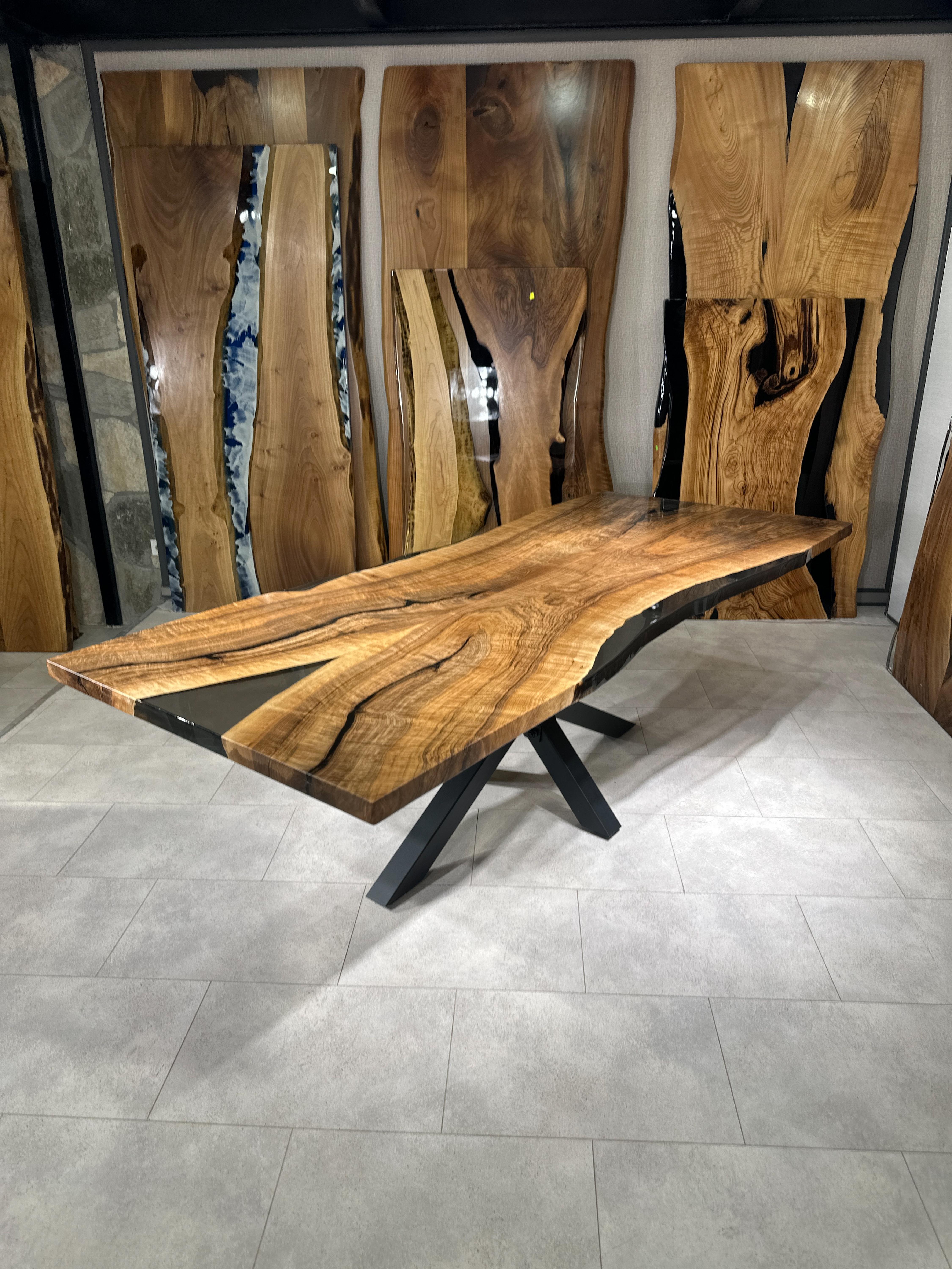 Welded Solid Walnut Wood Resin River Dining Table For Sale