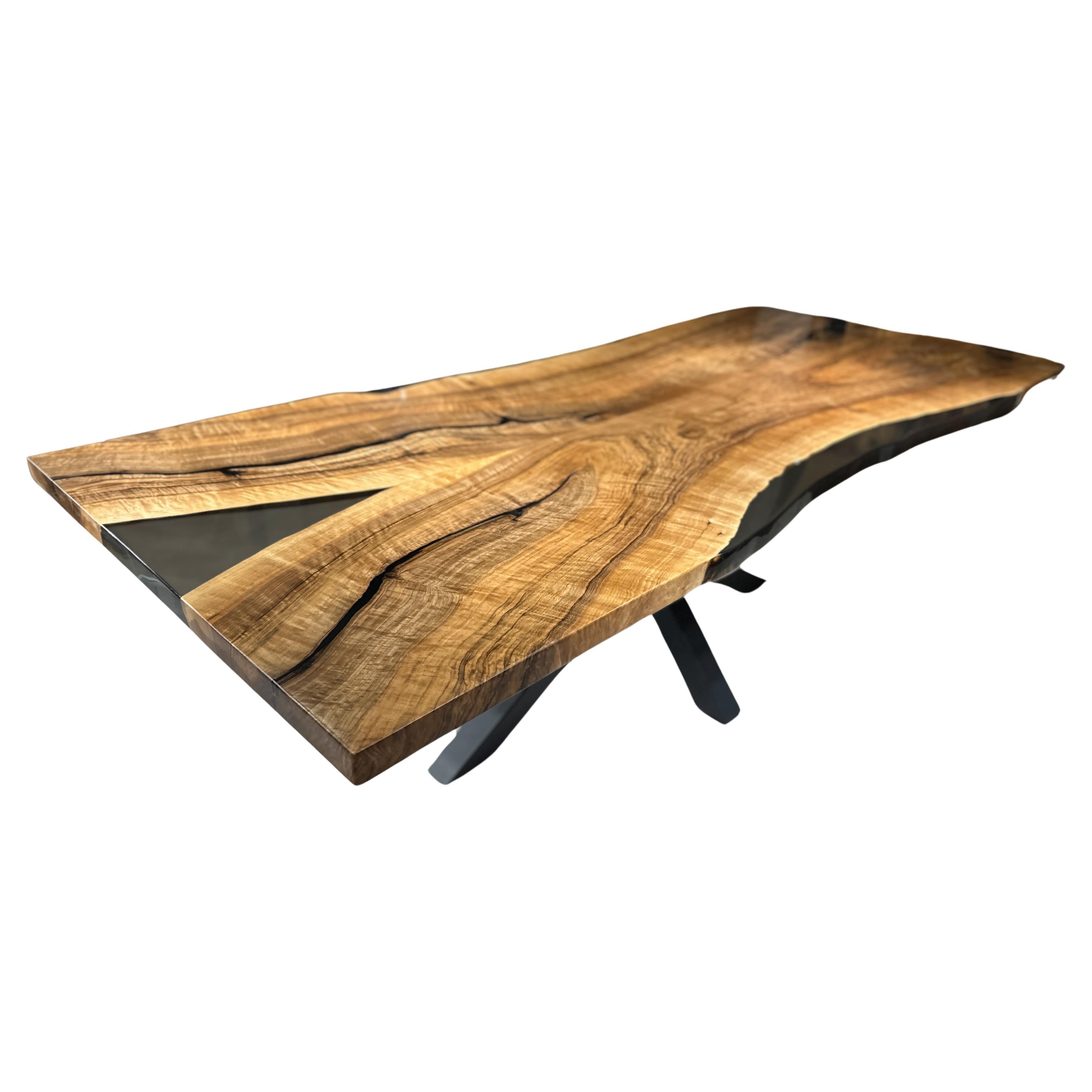 Solid Walnut Wood Resin River Dining Table For Sale