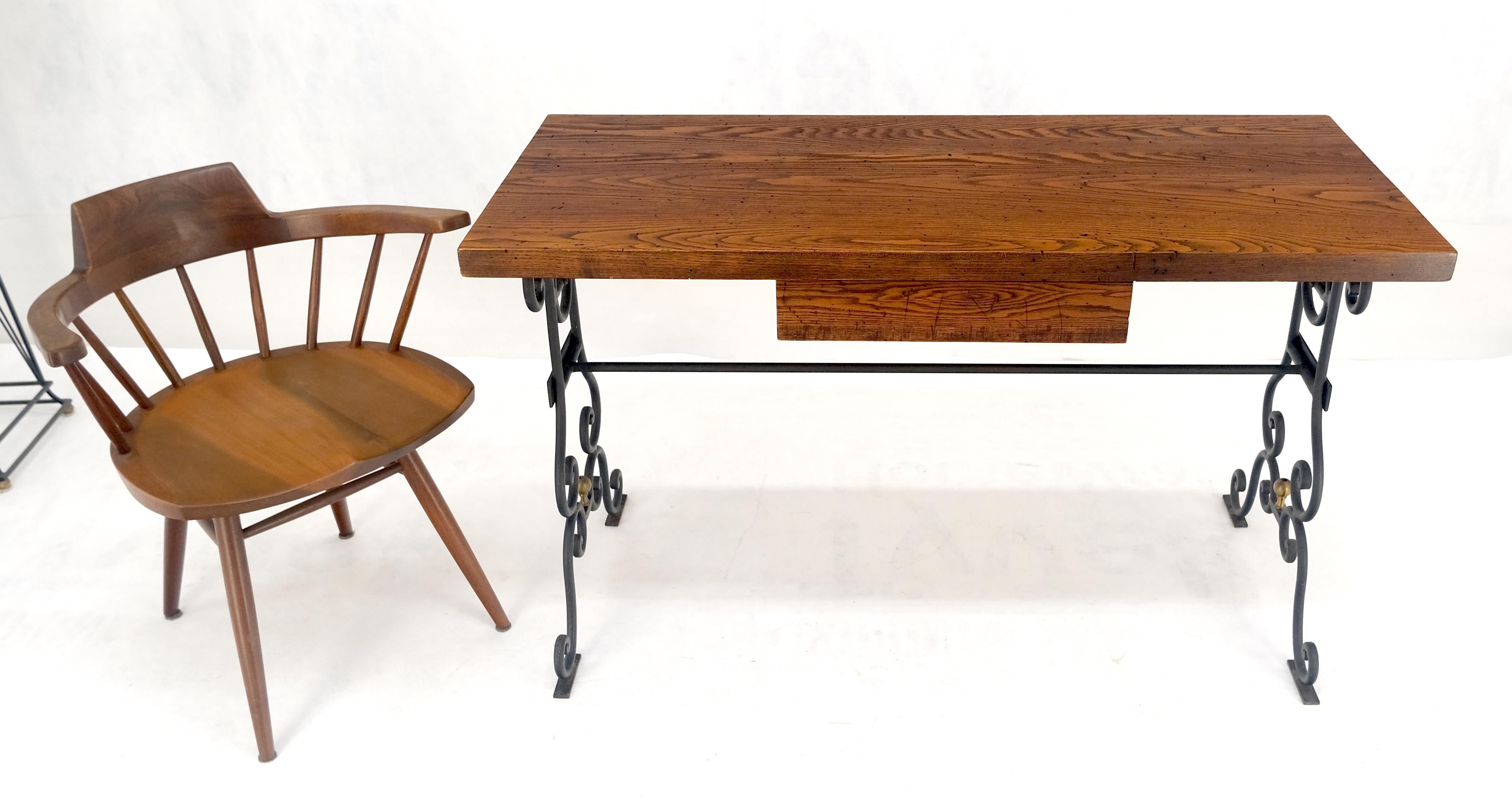 American Solid Warmed Chestnut Wrought Iron Base One Drawer Writing Table Desk MINT For Sale