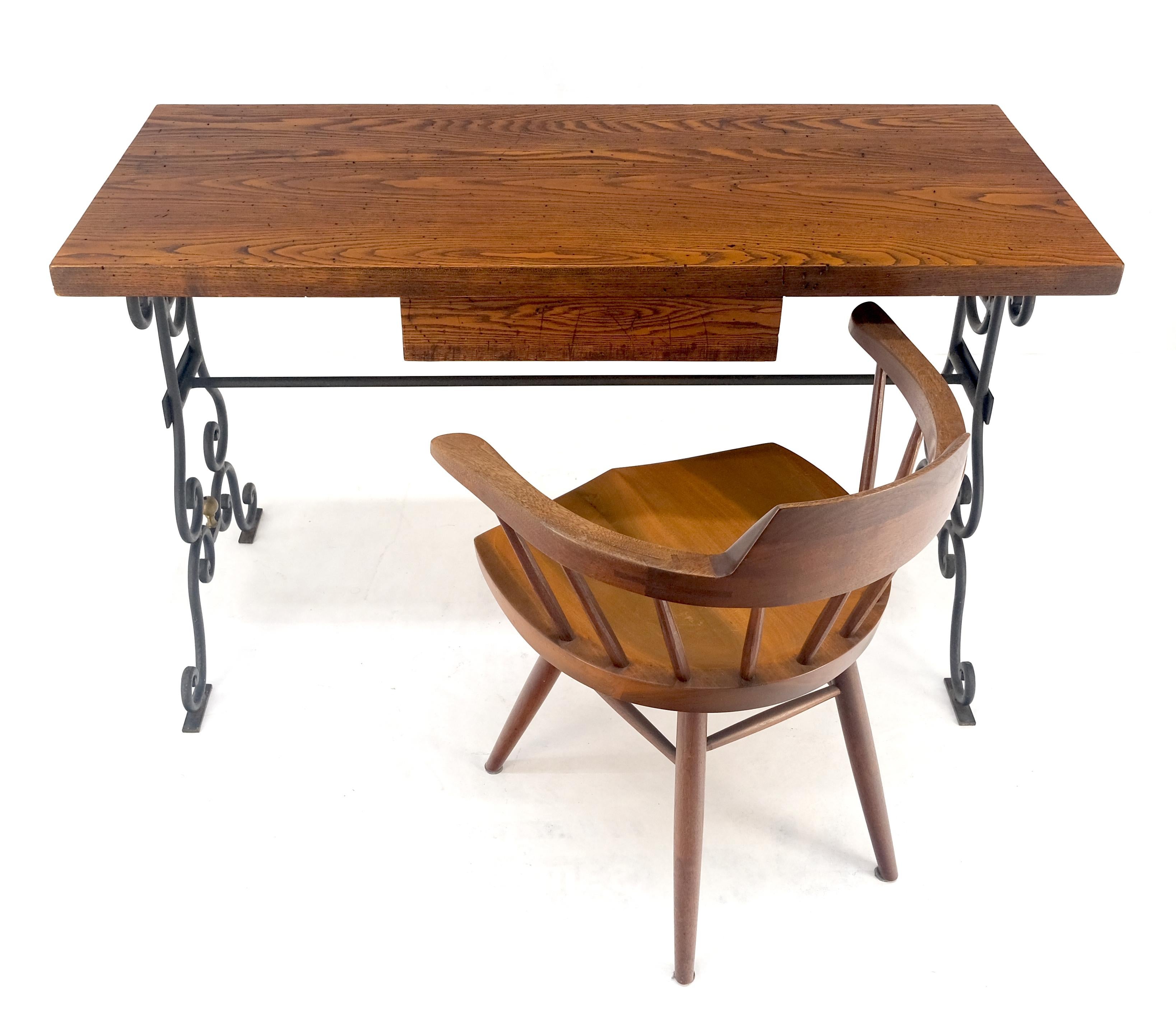 Lacquered Solid Warmed Chestnut Wrought Iron Base One Drawer Writing Table Desk MINT For Sale
