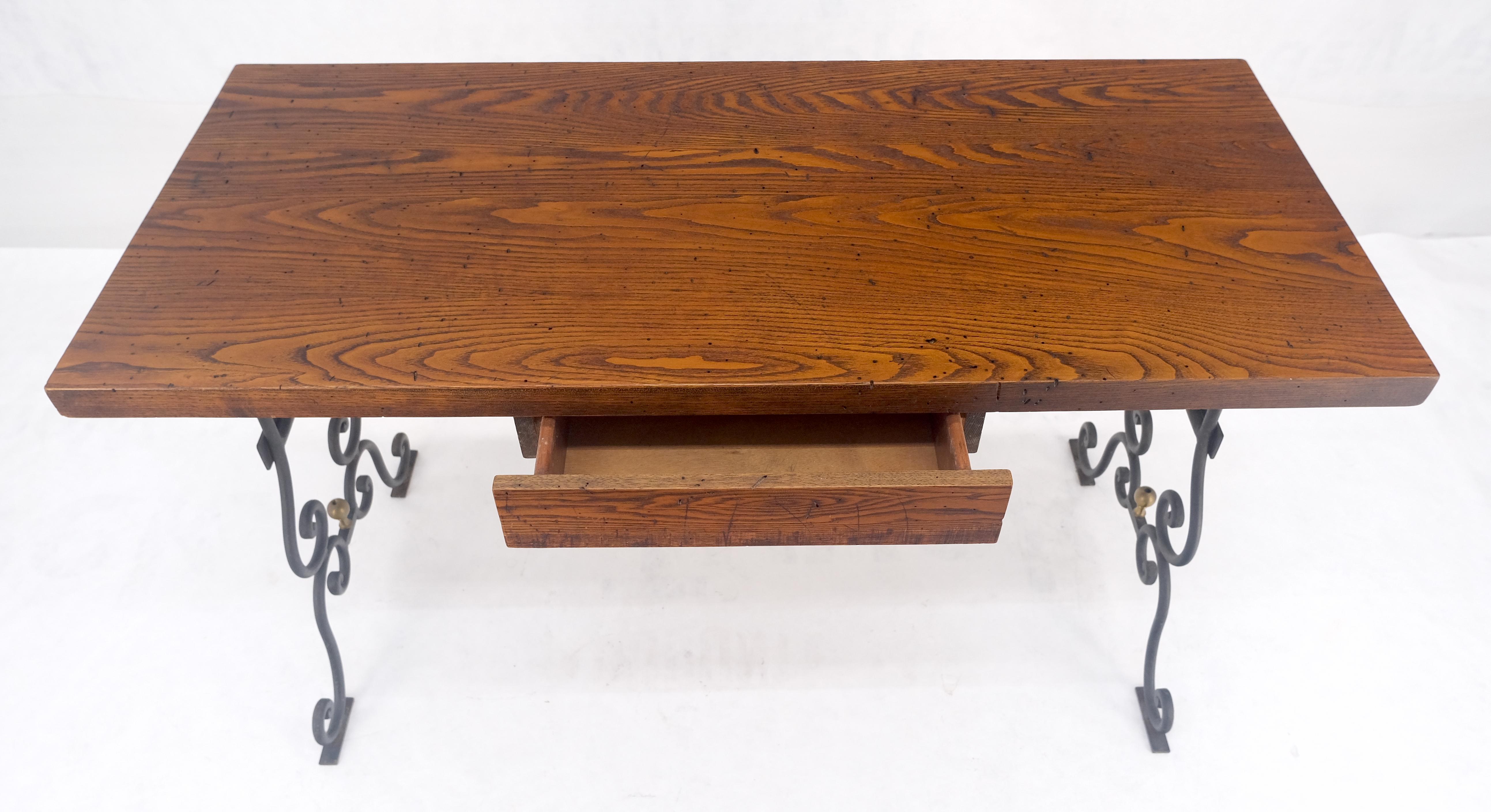 Solid Warmed Chestnut Wrought Iron Base One Drawer Writing Table Desk MINT In Good Condition For Sale In Rockaway, NJ