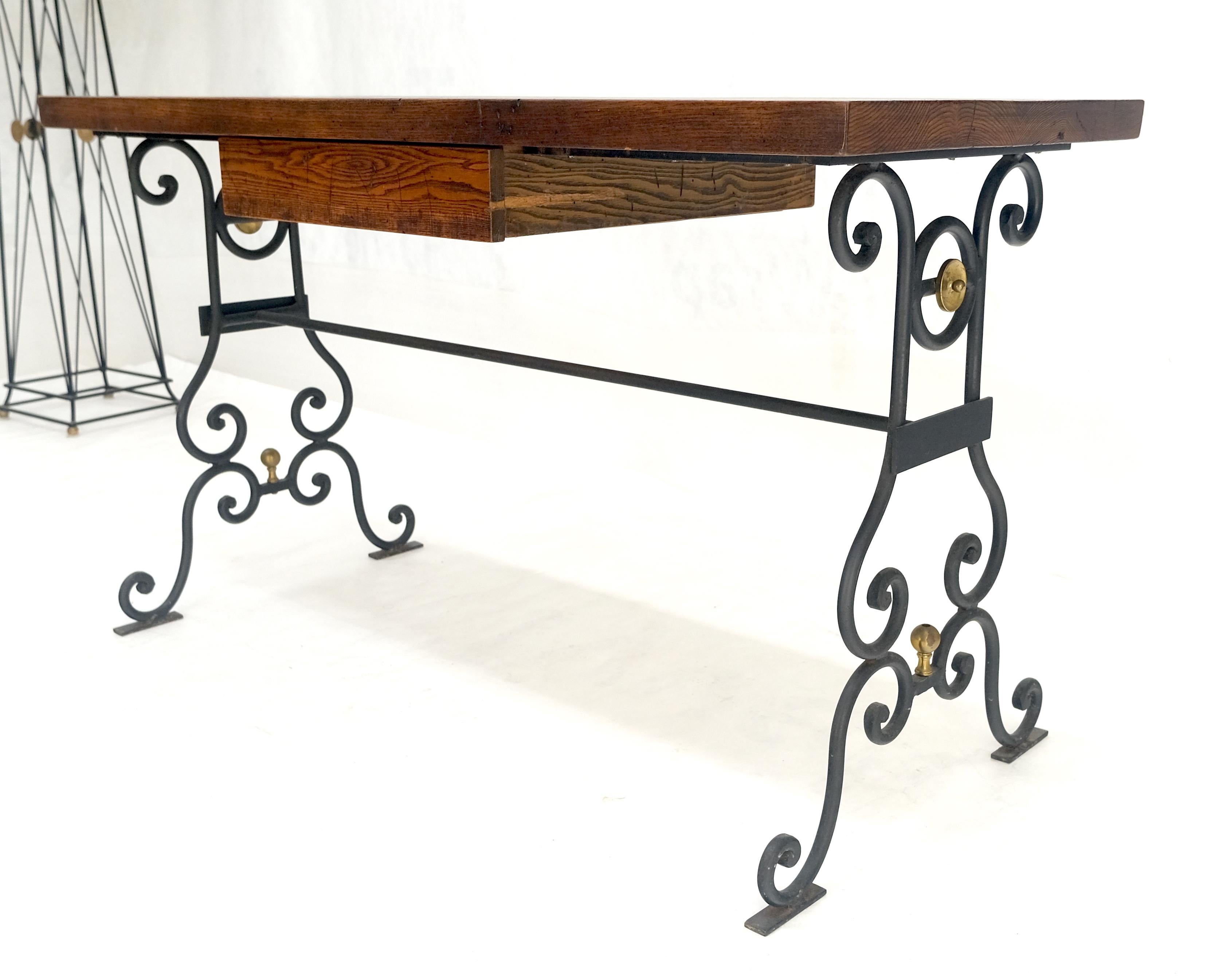 20th Century Solid Warmed Chestnut Wrought Iron Base One Drawer Writing Table Desk MINT For Sale