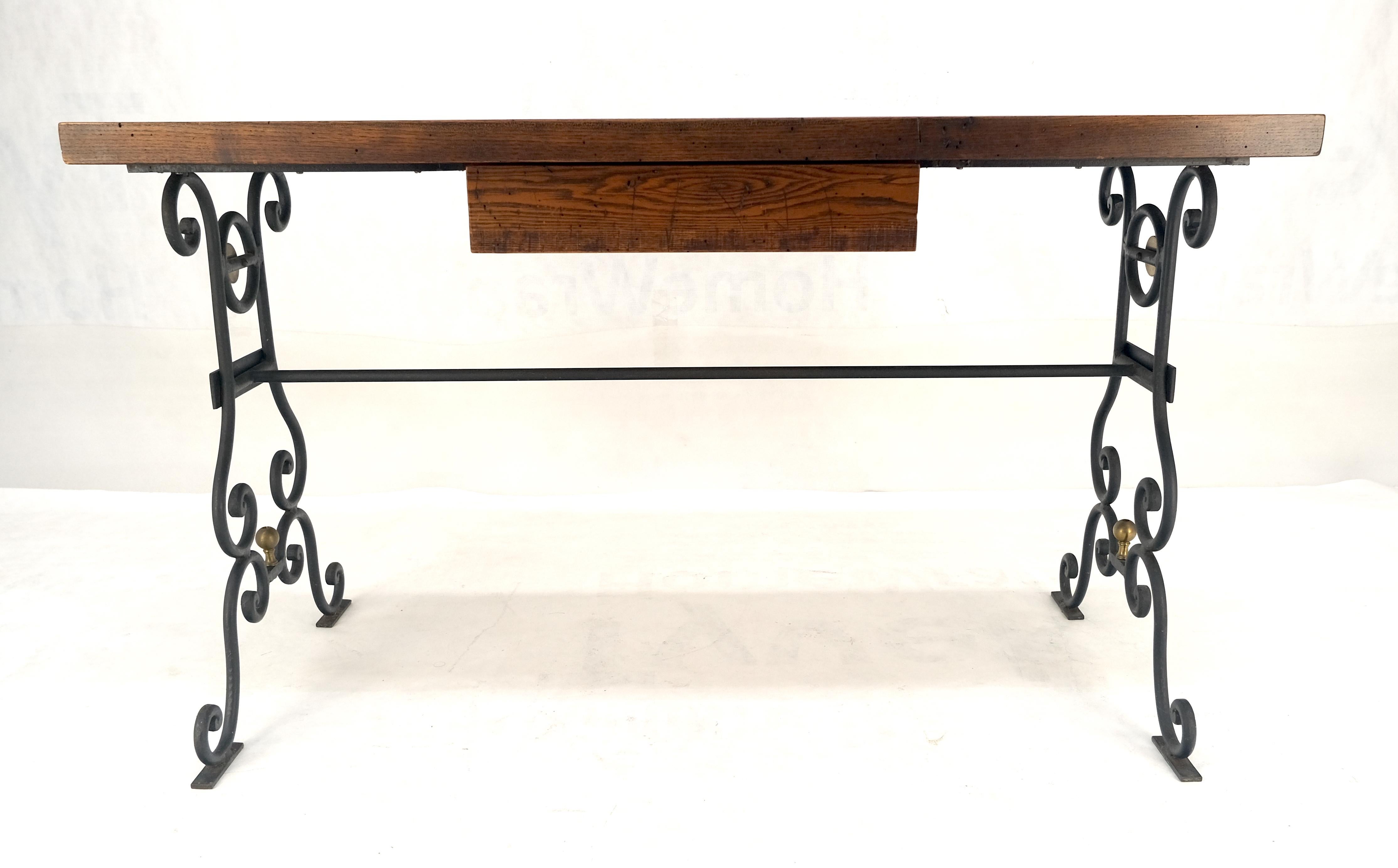 Solid Warmed Chestnut Wrought Iron Base One Drawer Writing Table Desk MINT For Sale 1