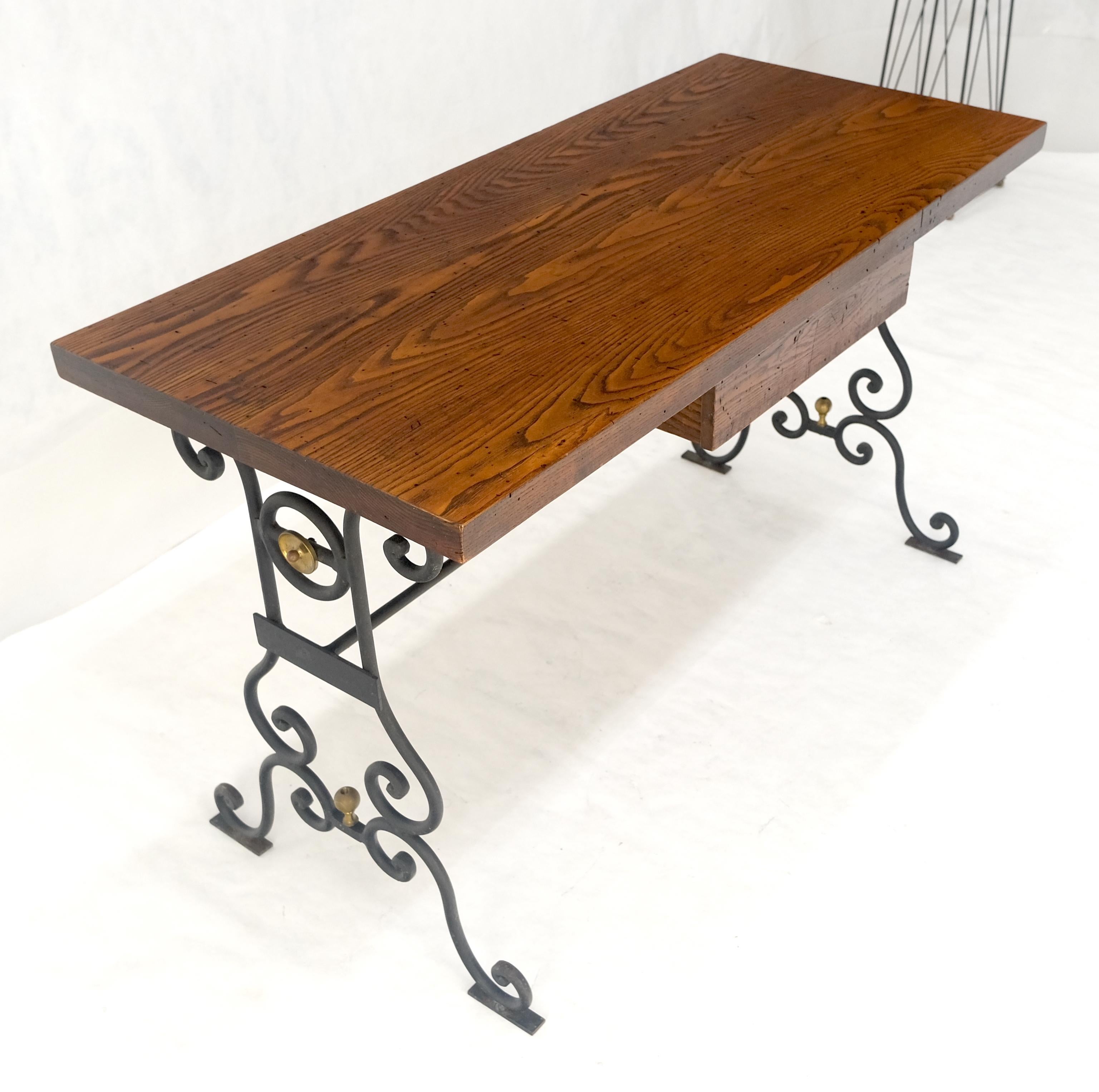 Solid Warmed Chestnut Wrought Iron Base One Drawer Writing Table Desk MINT For Sale 2