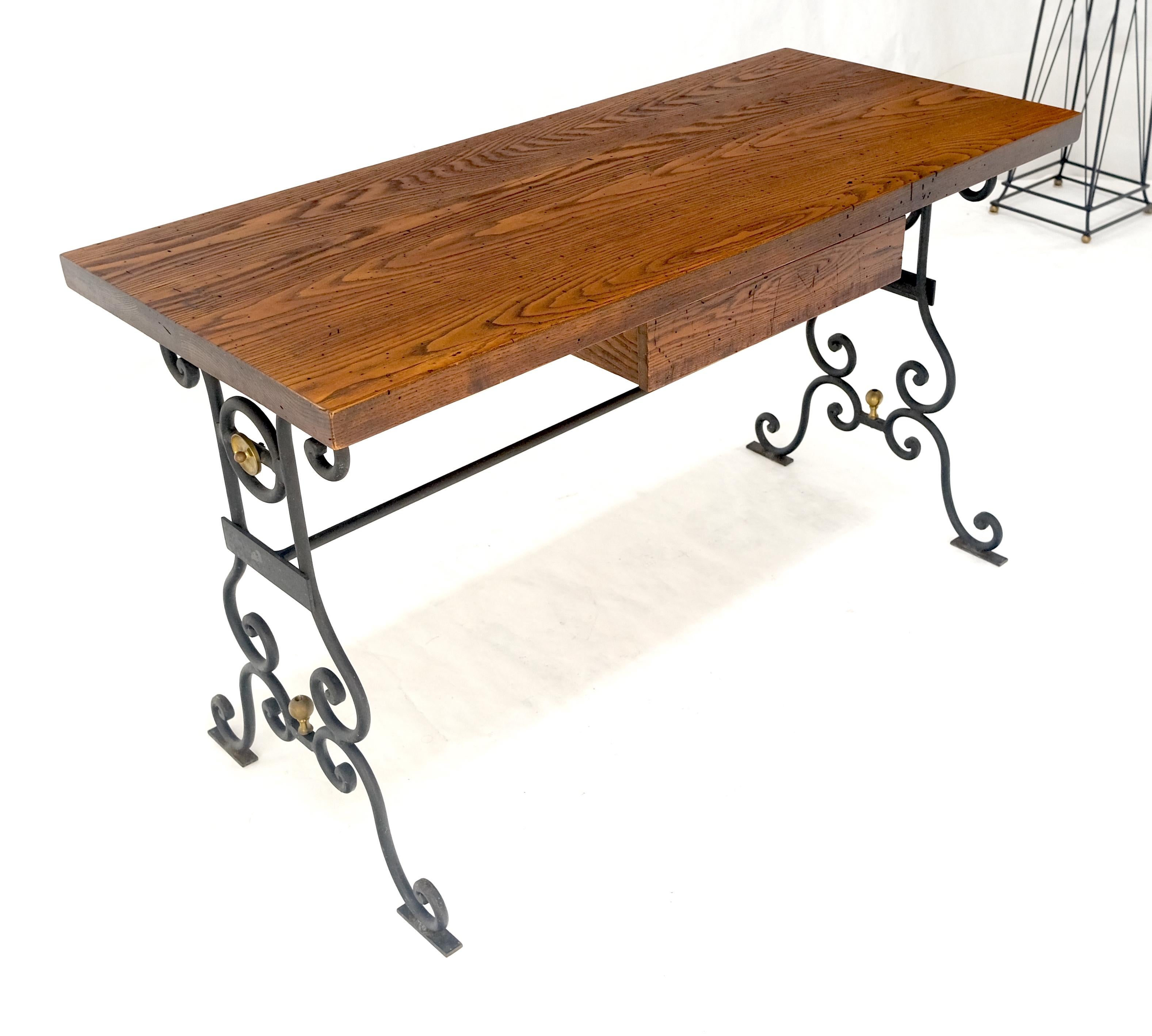 Solid Warmed Chestnut Wrought Iron Base One Drawer Writing Table Desk MINT For Sale 3