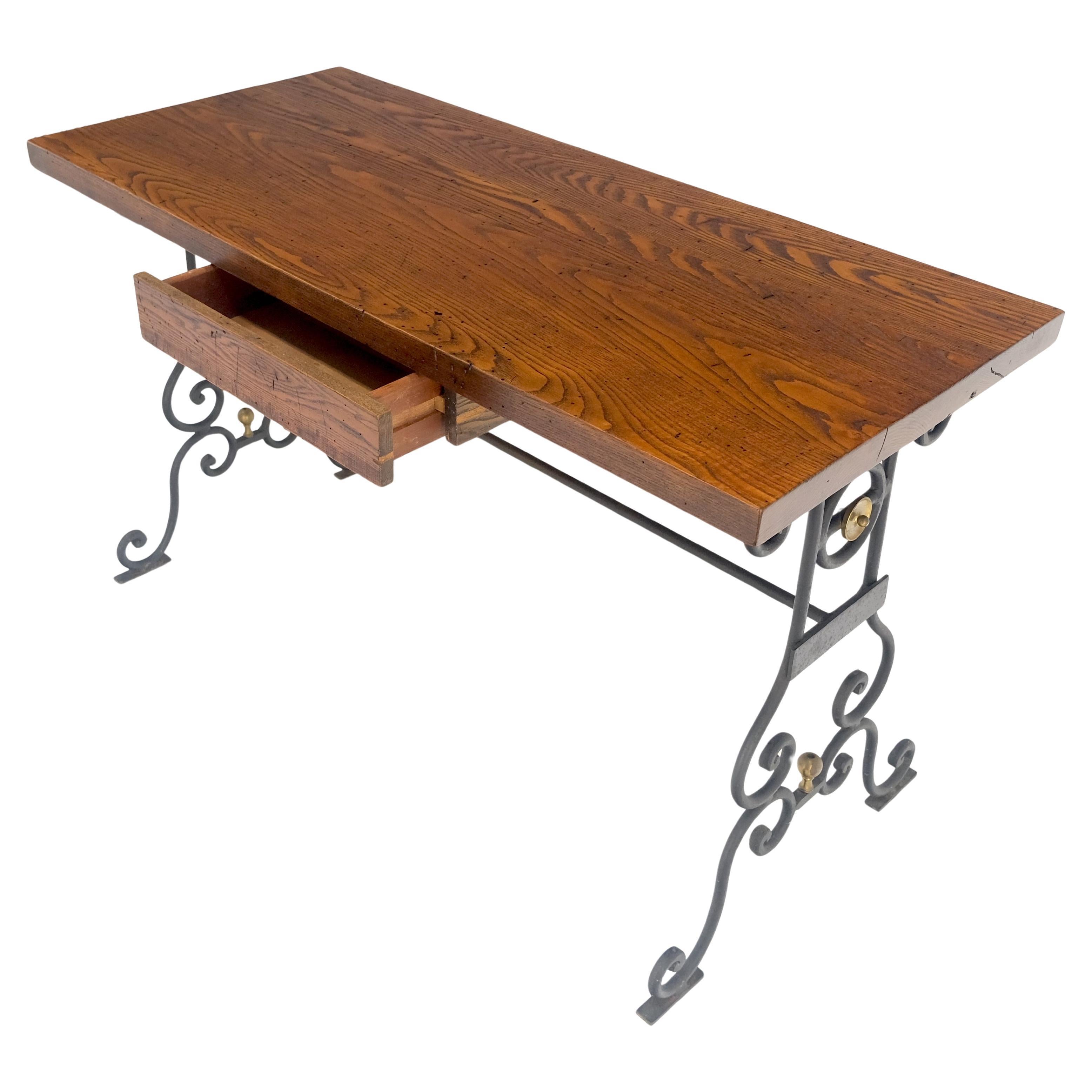 Solid Warmed Chestnut Wrought Iron Base One Drawer Writing Table Desk MINT For Sale