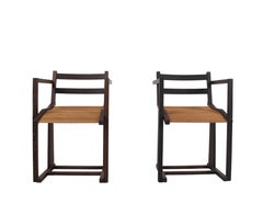 Solid Wenge Armchairs with Round Oak Slat Seats, 1980s