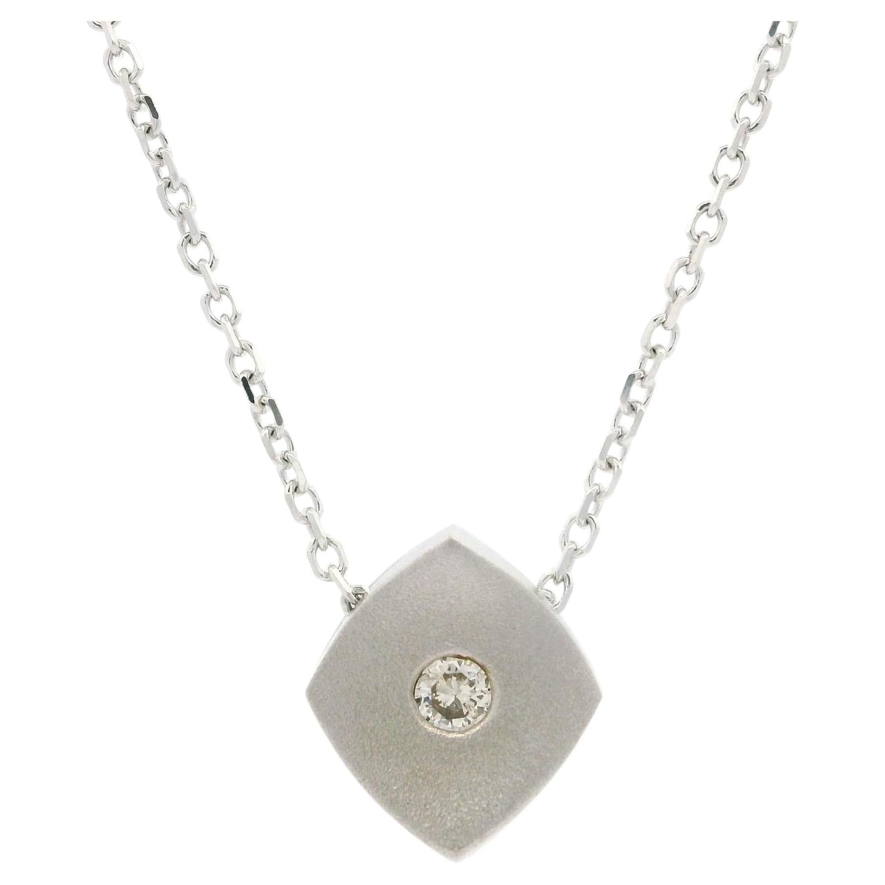 Solid White Gold 0.13ct Fiery Diamond Matte Finish Shield Slide Pendant Necklace For Sale