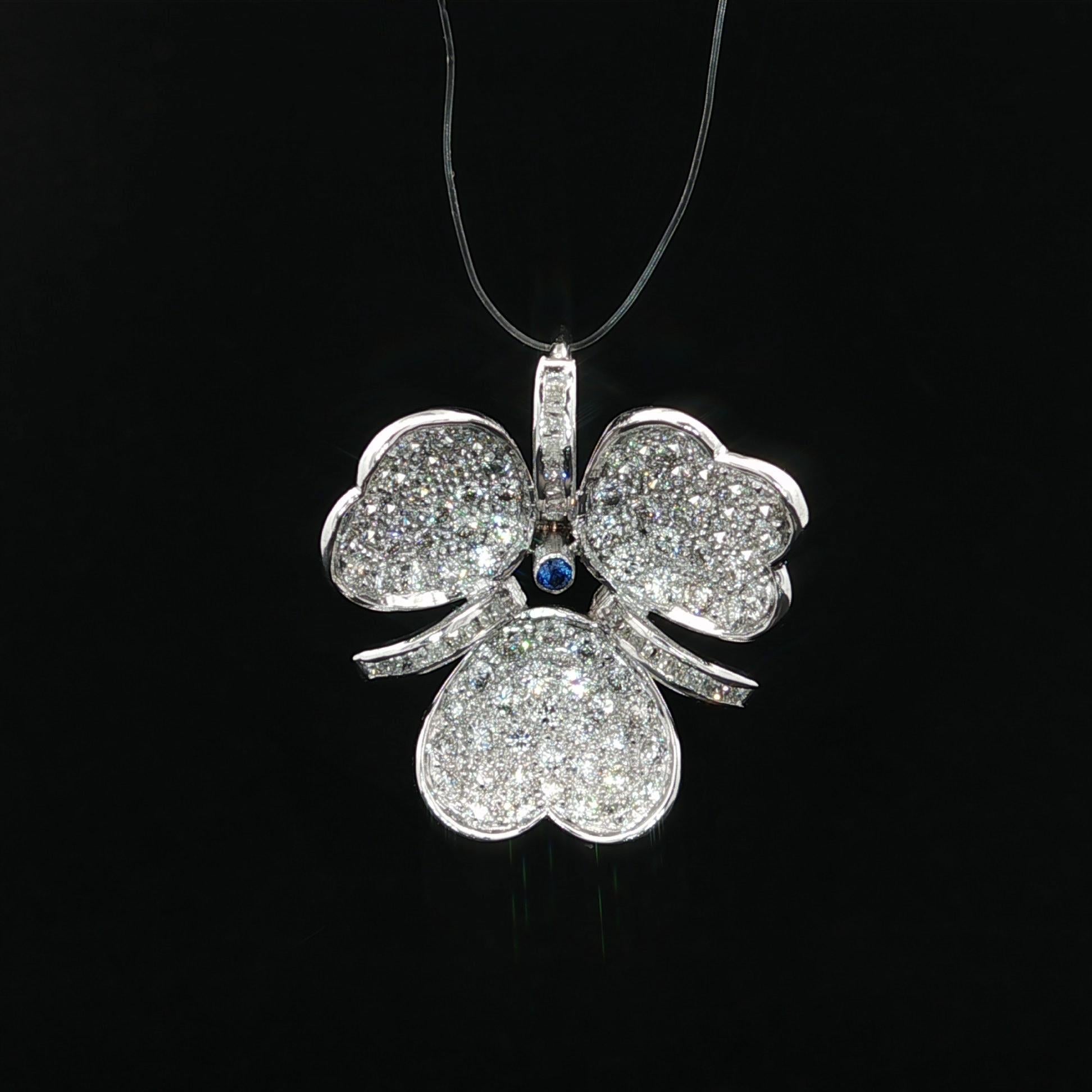 Solide Weißgold 1,3ctw Diamant & Saphir 3 Blatt Blume Charme Slide Anhänger im Zustand „Gut“ im Angebot in Montclair, NJ