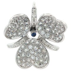 Solid White Gold 1.3ctw Diamond & Sapphire 3 Leaf Flower Charm Slide Pendant