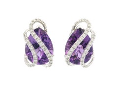 Solid White Gold 16.35ctw Pear Checkerboard Amethysts & Diamond Cage Earrings