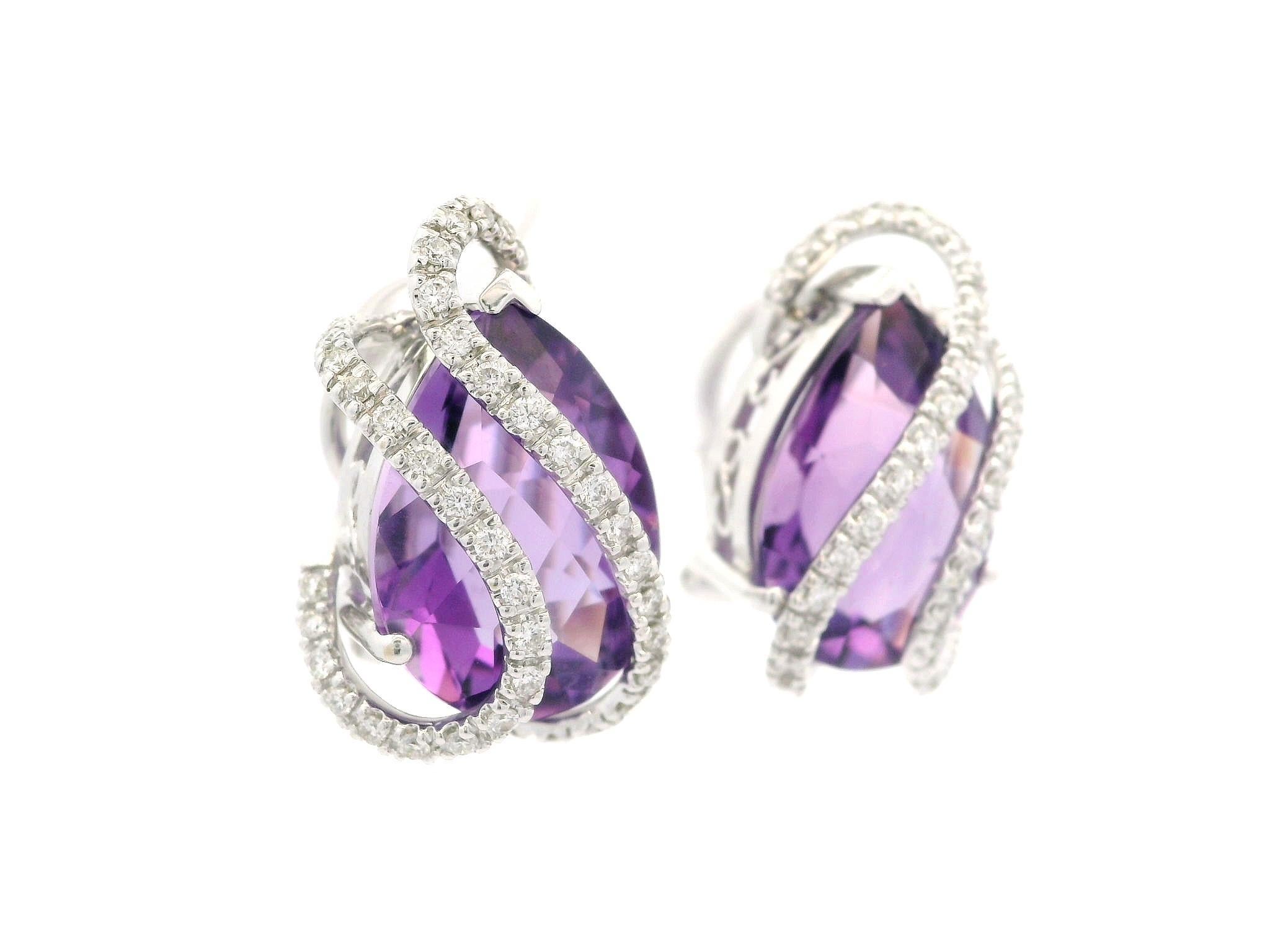 Pear Cut Solid White Gold 16.35ctw Pear Checkerboard Amethysts & Diamond Cage Earrings For Sale
