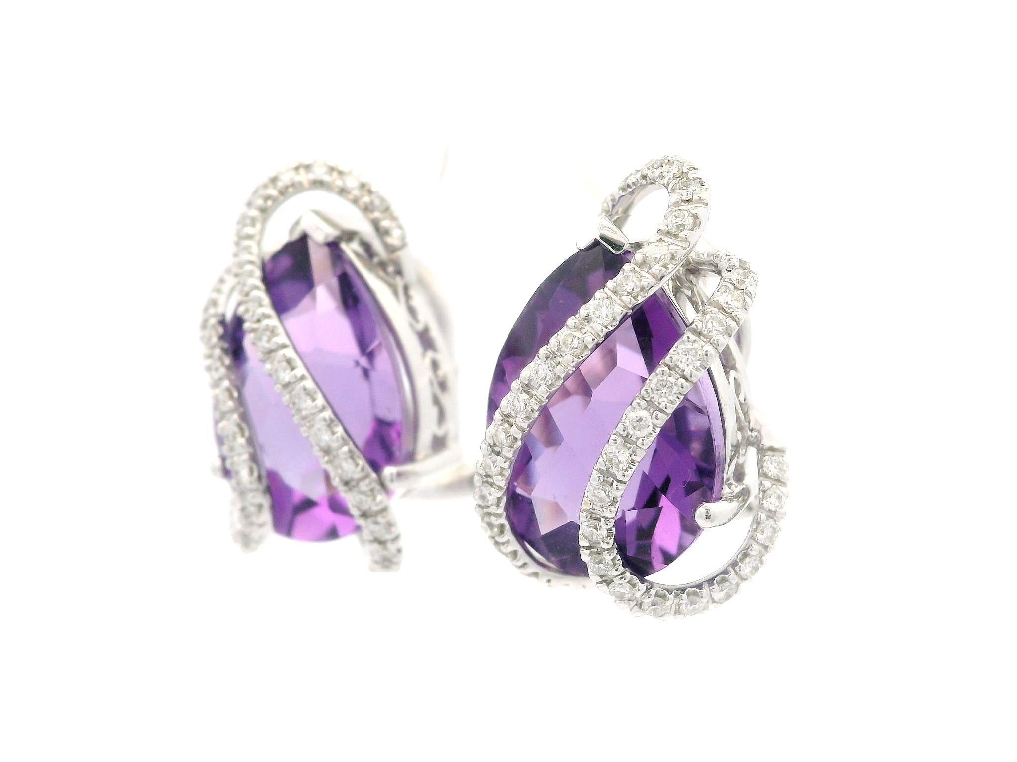 Solid White Gold 16.35ctw Pear Checkerboard Amethysts & Diamond Cage Earrings In Excellent Condition For Sale In Montclair, NJ