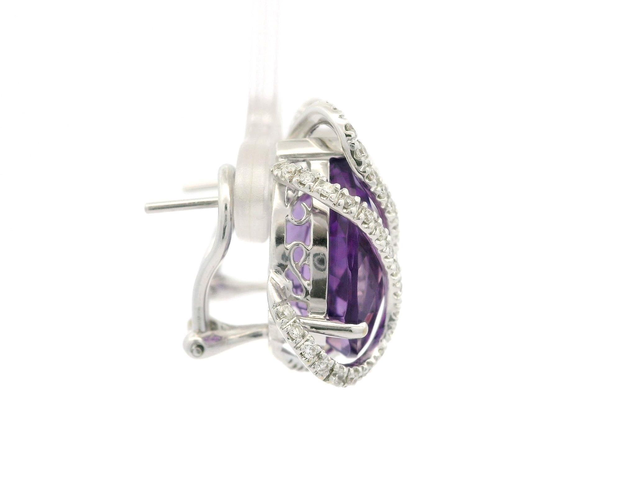 Women's Solid White Gold 16.35ctw Pear Checkerboard Amethysts & Diamond Cage Earrings For Sale