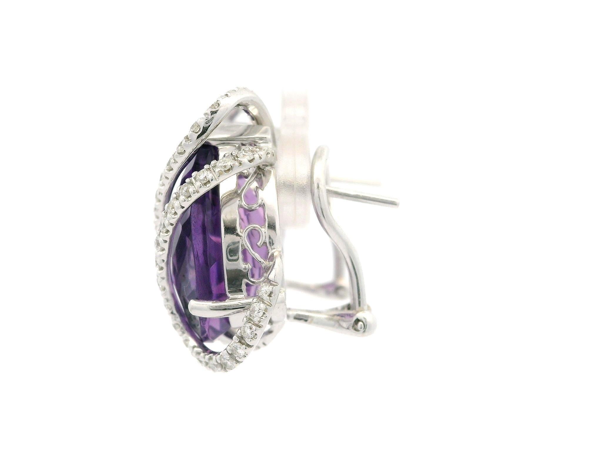 Solid White Gold 16.35ctw Pear Checkerboard Amethysts & Diamond Cage Earrings For Sale 1