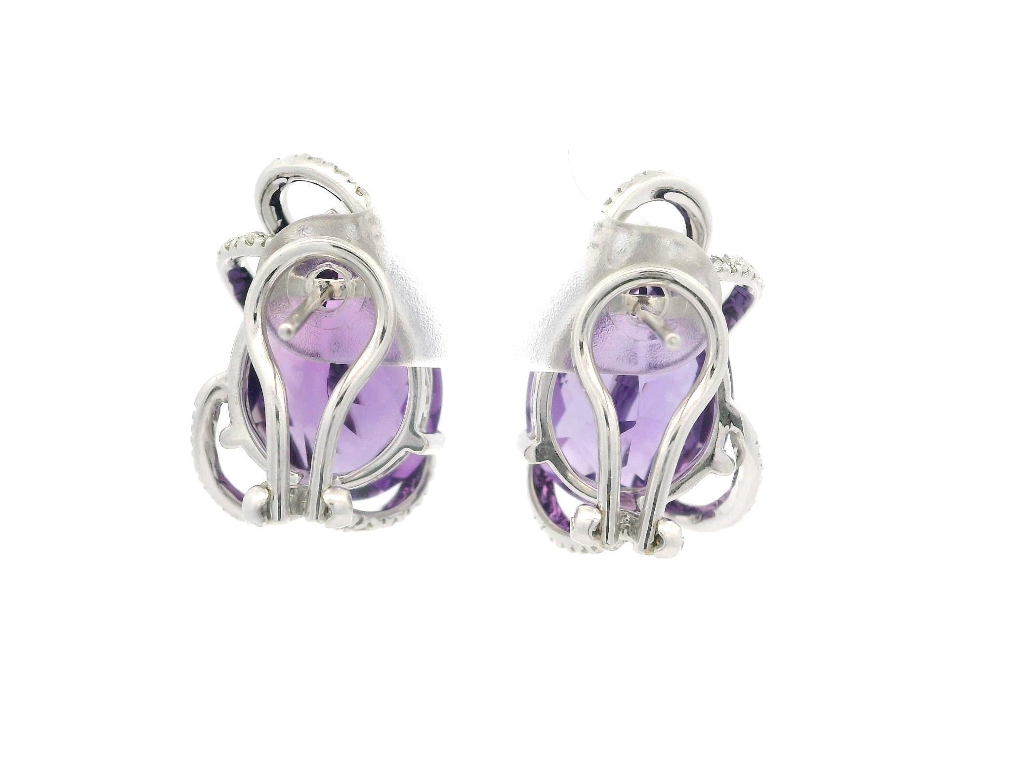 Solid White Gold 16.35ctw Pear Checkerboard Amethysts & Diamond Cage Earrings For Sale 2