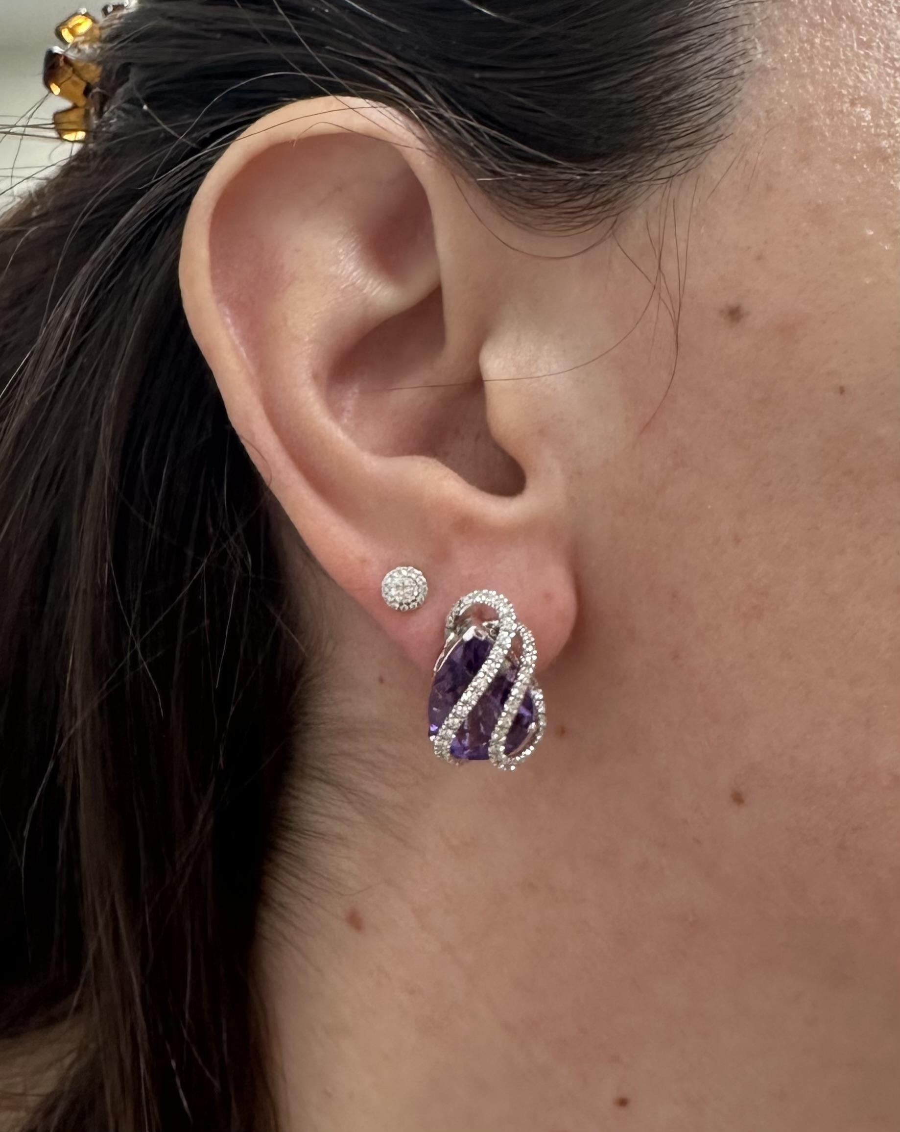 Solid White Gold 16.35ctw Pear Checkerboard Amethysts & Diamond Cage Earrings For Sale 3