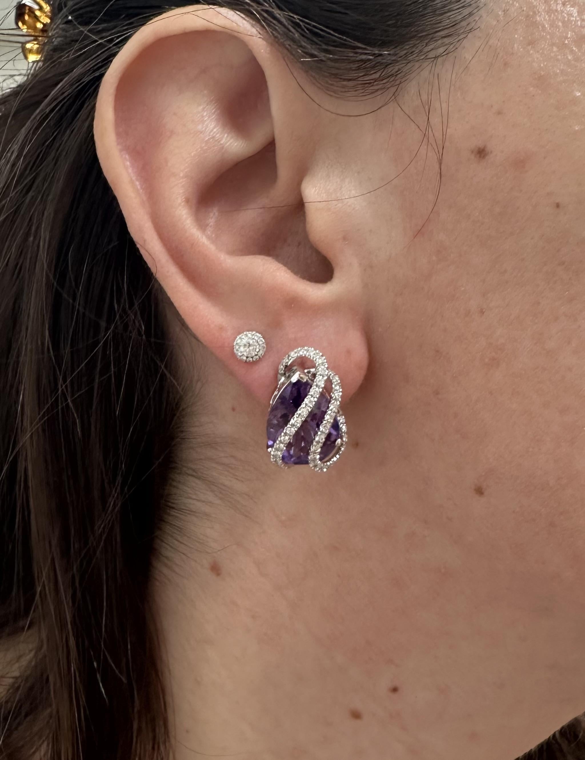 Solid White Gold 16.35ctw Pear Checkerboard Amethysts & Diamond Cage Earrings For Sale 4
