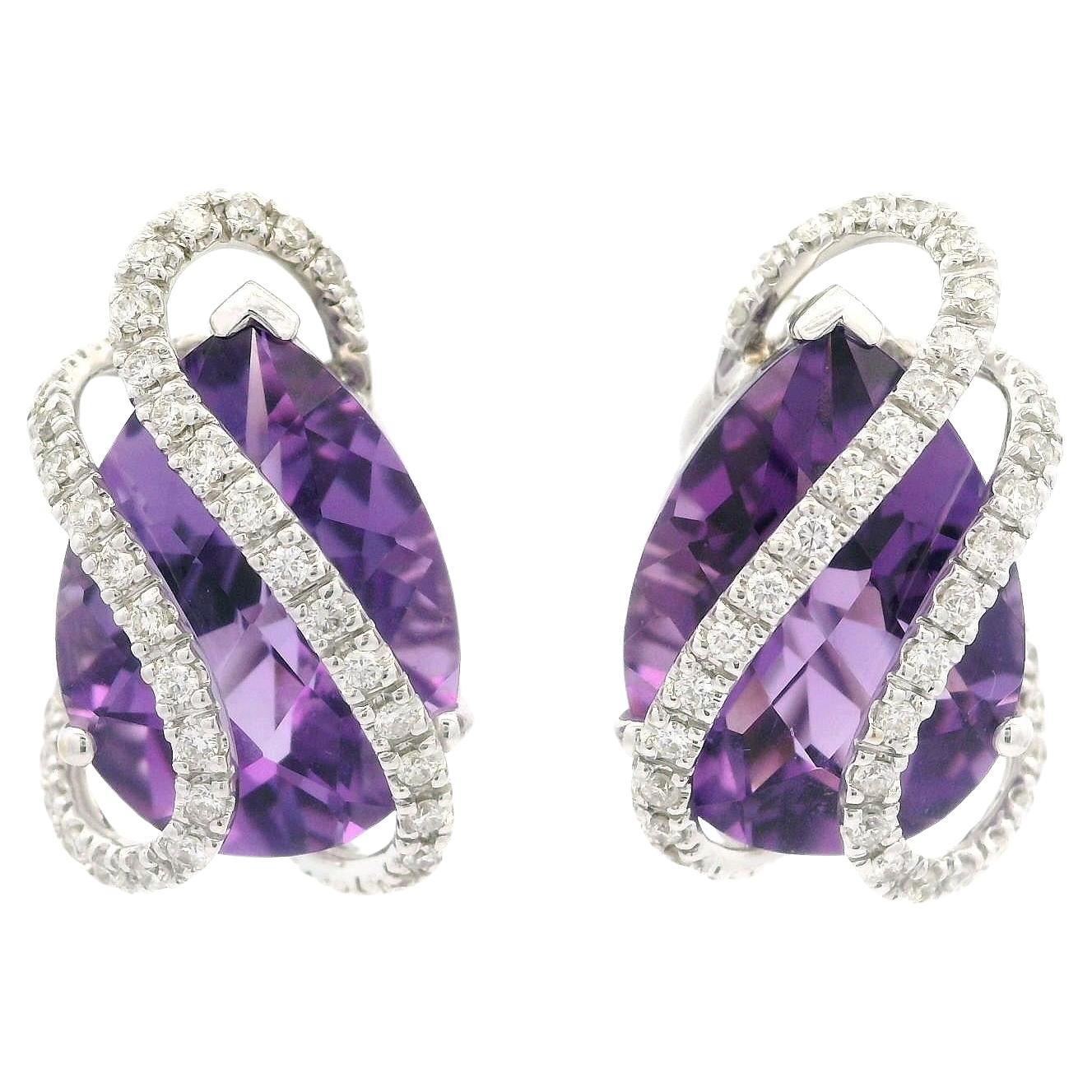 Solid White Gold 16.35ctw Pear Checkerboard Amethysts & Diamond Cage Earrings For Sale
