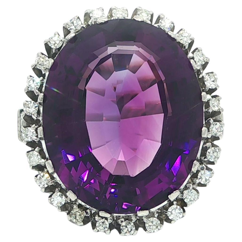 Solid White Gold 16ct Large Oval Step Cut Rich Purple Amethyst Diamond Halo Ring For Sale