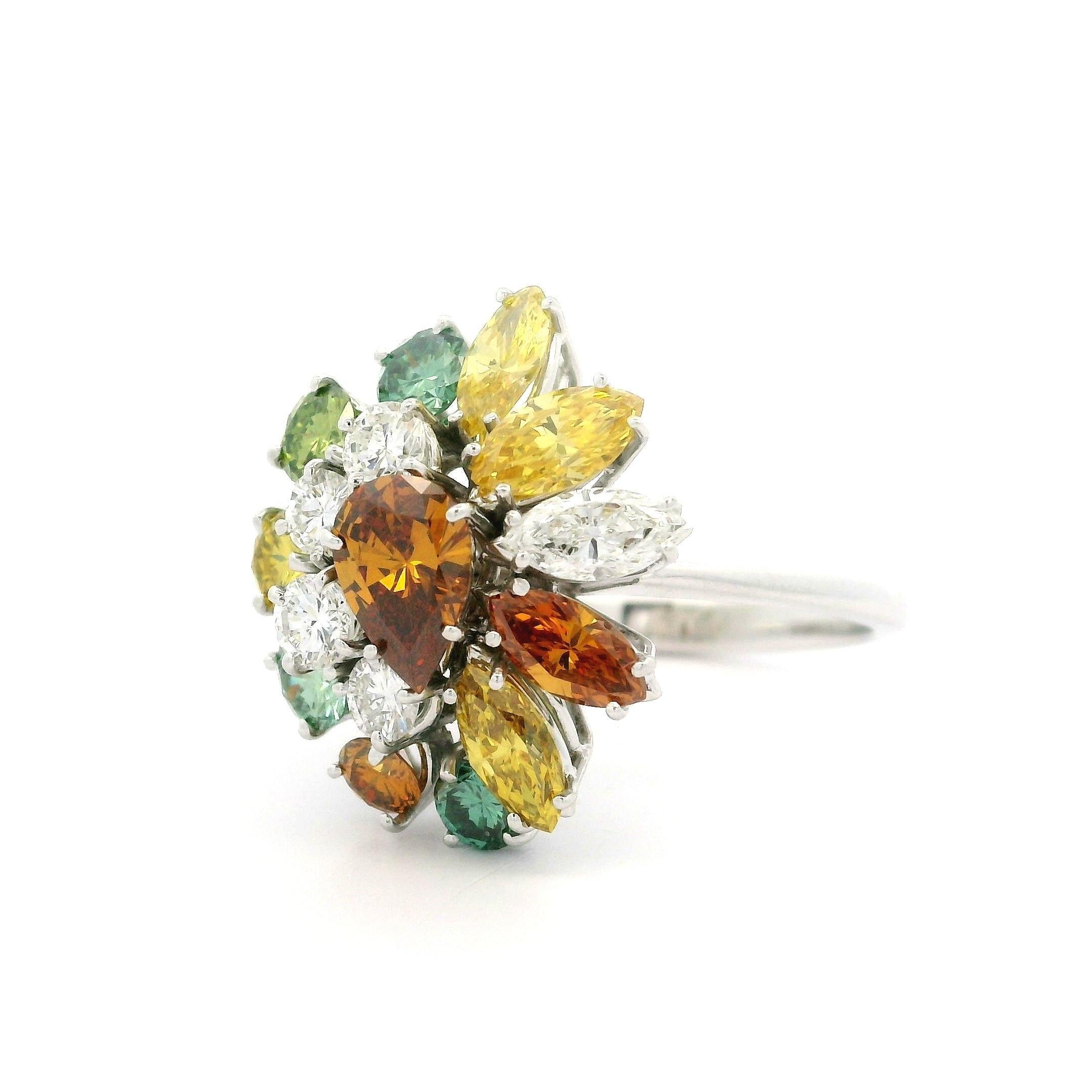 Solid White Gold 3.08ctw White & Colored Diamonds Cluster Cocktail Ring For Sale 8