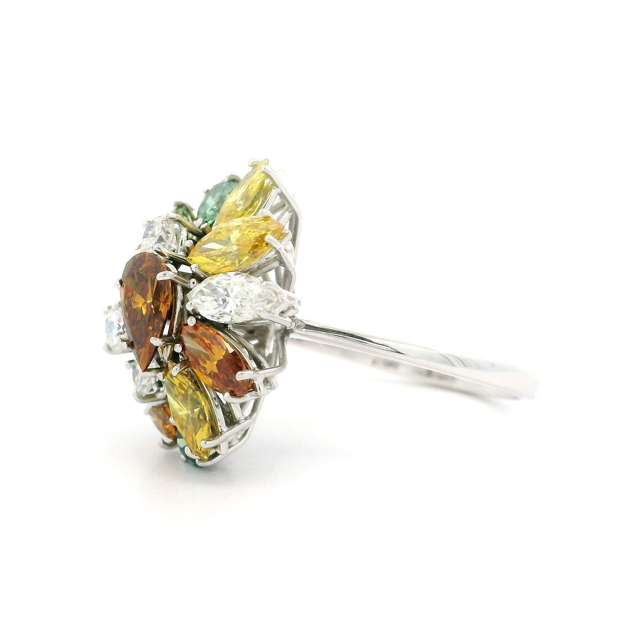 Solid White Gold 3.08ctw White & Colored Diamonds Cluster Cocktail Ring For Sale 9