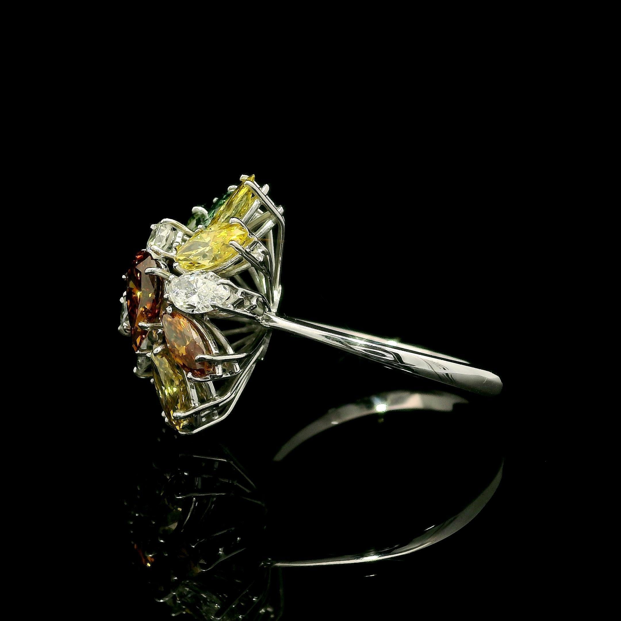 Marquise Cut Solid White Gold 3.08ctw White & Colored Diamonds Cluster Cocktail Ring For Sale