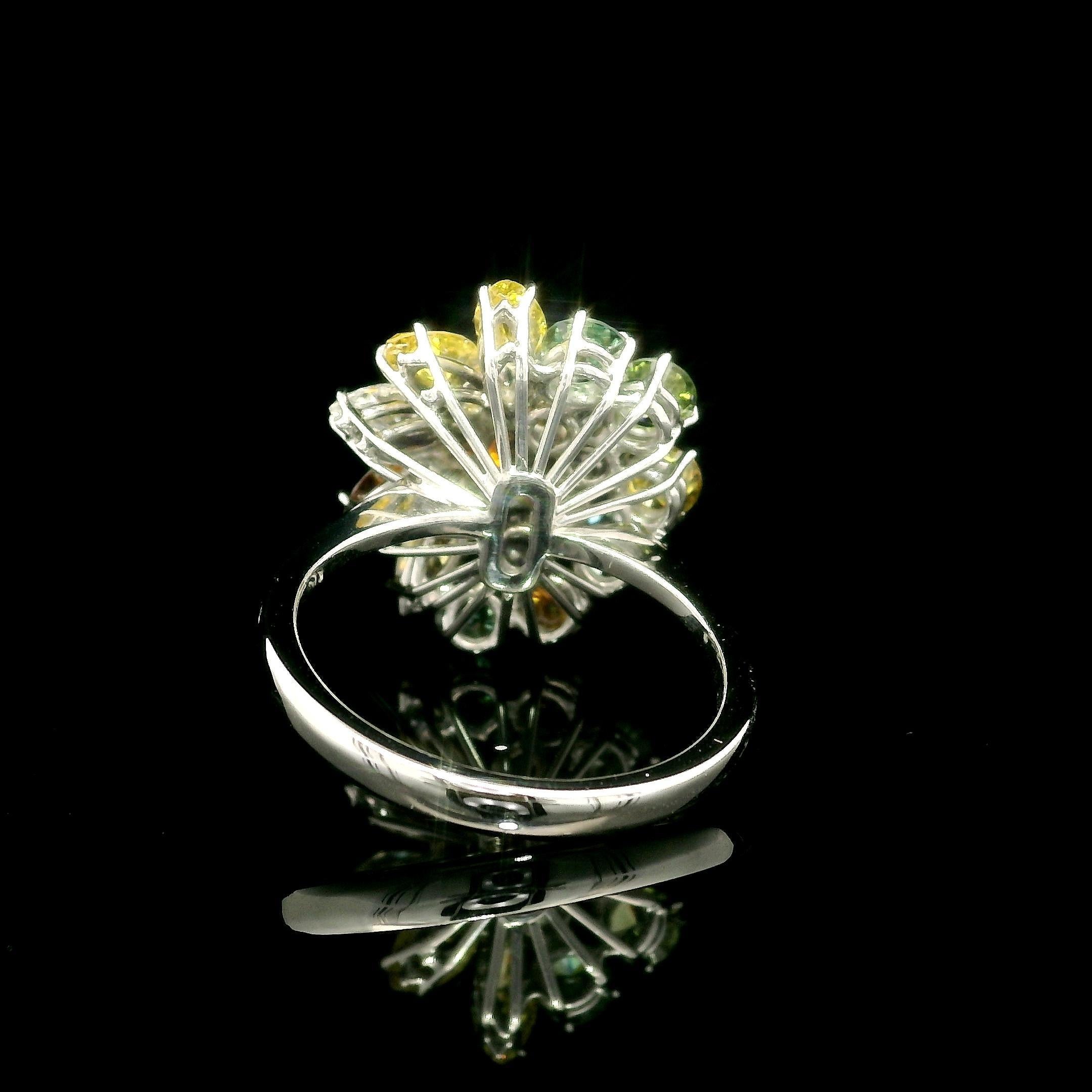 Solid White Gold 3.08ctw White & Colored Diamonds Cluster Cocktail Ring In Excellent Condition For Sale In Montclair, NJ