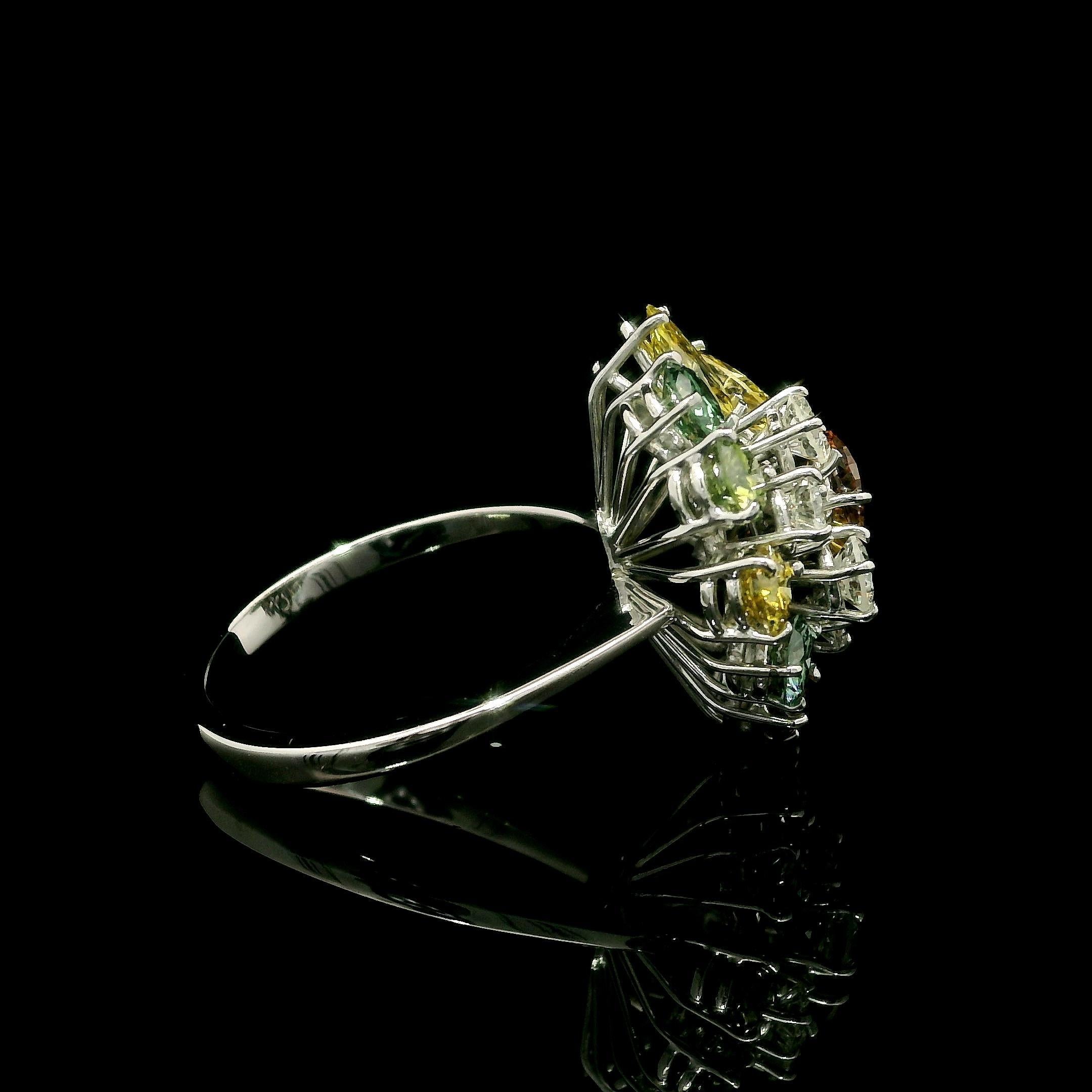 Women's Solid White Gold 3.08ctw White & Colored Diamonds Cluster Cocktail Ring For Sale