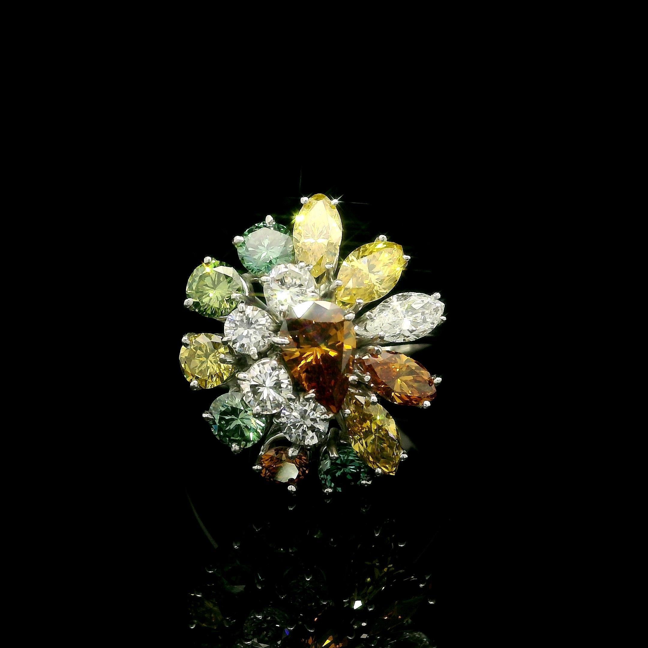 Solid White Gold 3.08ctw White & Colored Diamonds Cluster Cocktail Ring For Sale 1