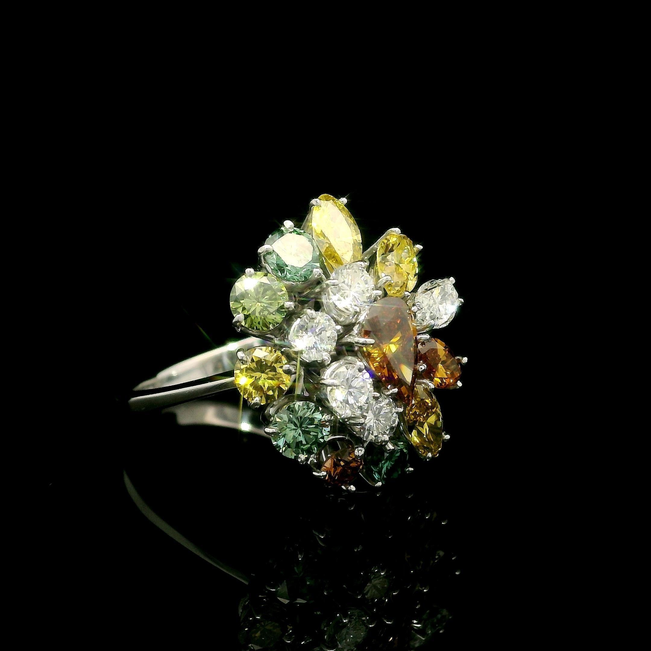 Solid White Gold 3.08ctw White & Colored Diamonds Cluster Cocktail Ring For Sale 2